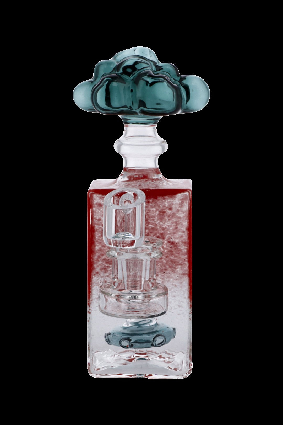 A clear glass water pipe (rig) with red liquid and intricate glasswork, topped with a blue glass cloud-shaped mouthpiece.