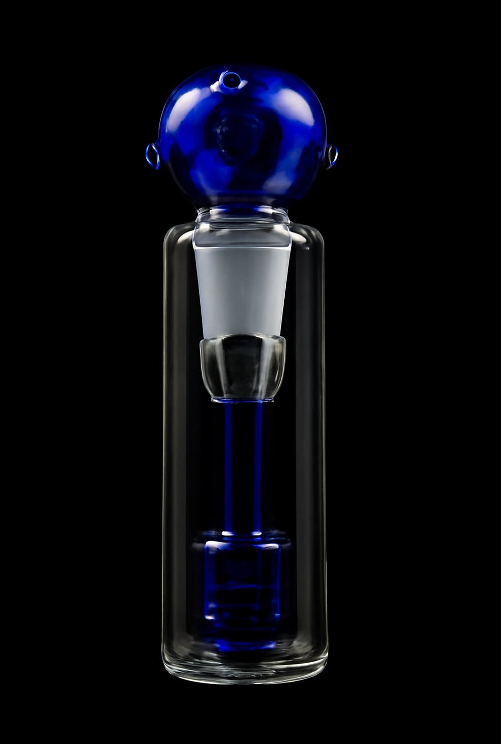 Blue glass bubbler water pipe against a black background.
