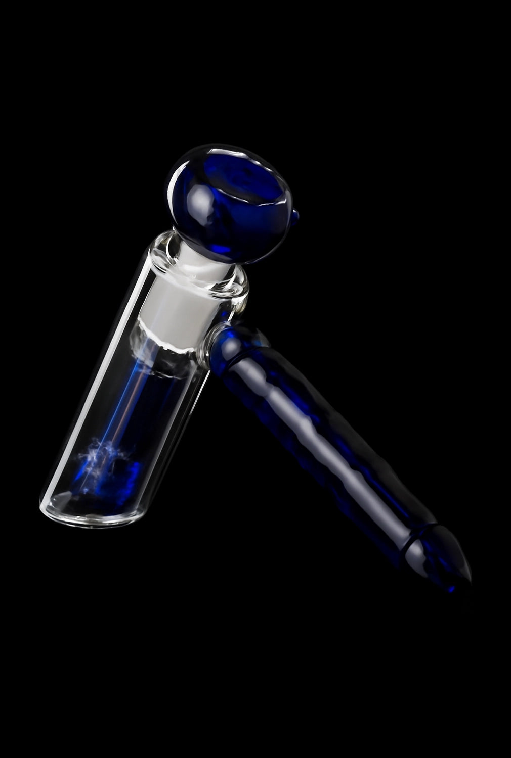 Blue and clear glass oil rig for cannabis concentrate consumption, isolated on a black background.