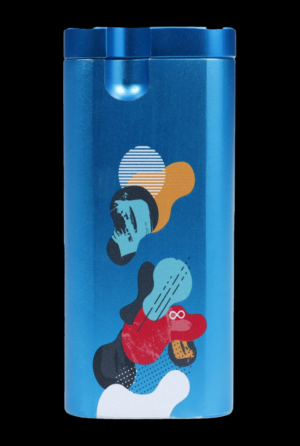 Blue cannabis storage container with abstract geometric designs.