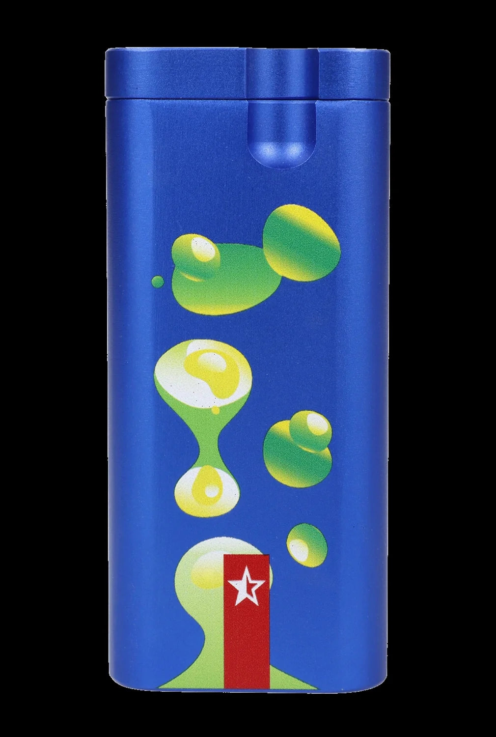Blue cannabis accessory tube decorated with green, droplet-shaped illustrations and a white star on a red stripe.