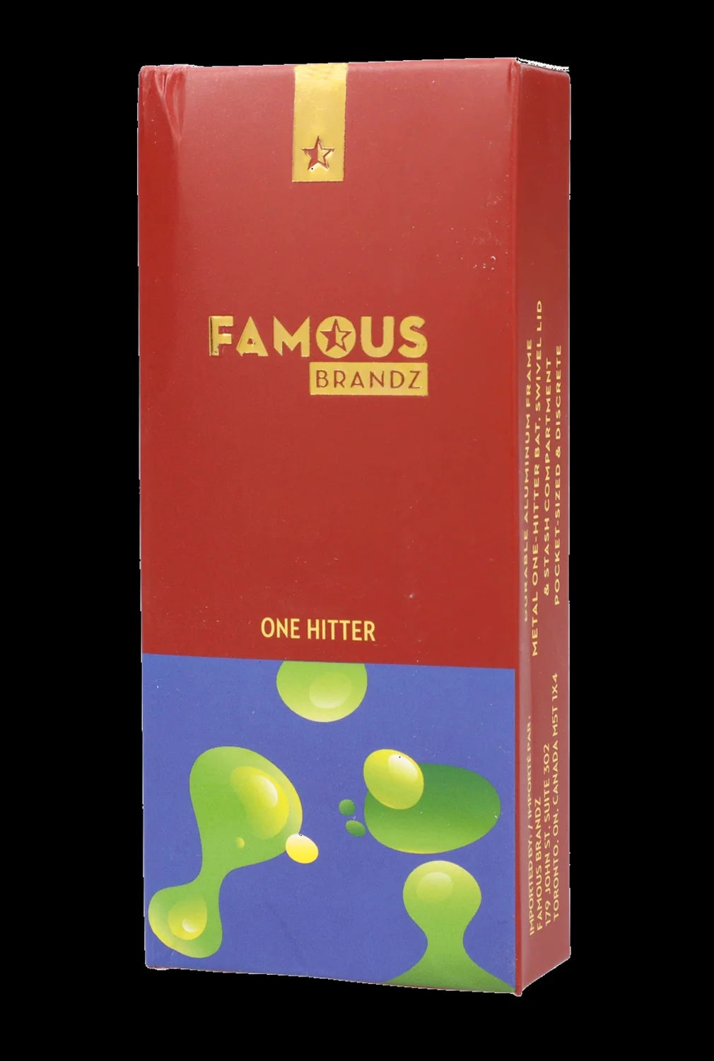 Red packaging for “Famous Brandz” One Hitter, featuring a dripping green graphic and product details.