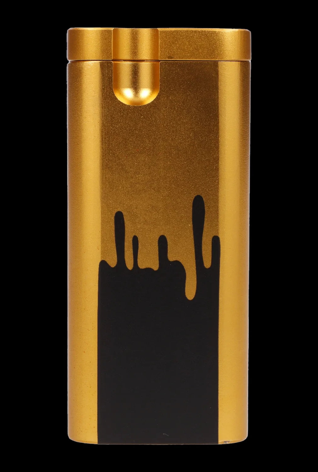 Gold cannabis oil vape pen with dripping black oil effect.