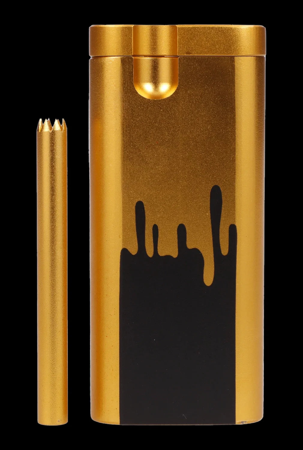 Gold-colored cannabis oil applicator with a dab tool, featuring a black dripping oil graphic.