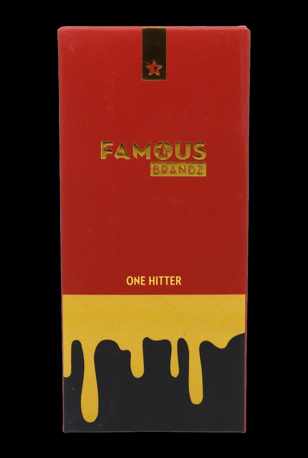 Red and gold packaging for "Famous Brandz One Hitter," featuring a dripping gold design at the base.