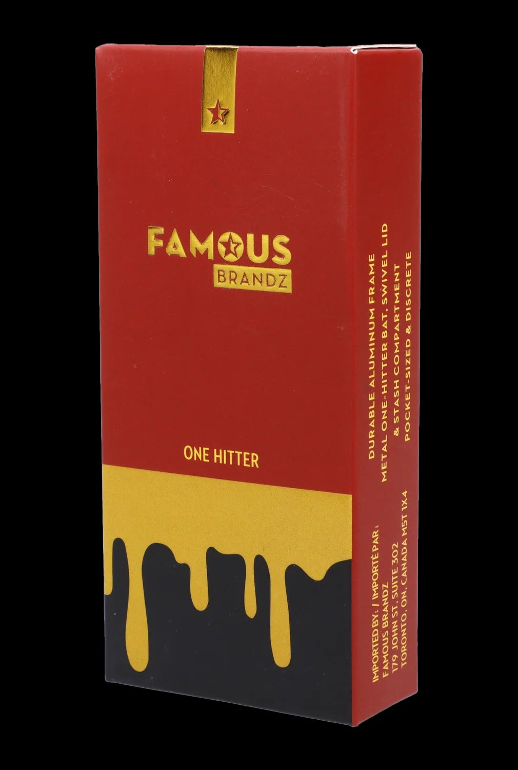 Red packaging for “Famous Brandz” one-hitter with a melting gold drip design and cannabis leaf details.