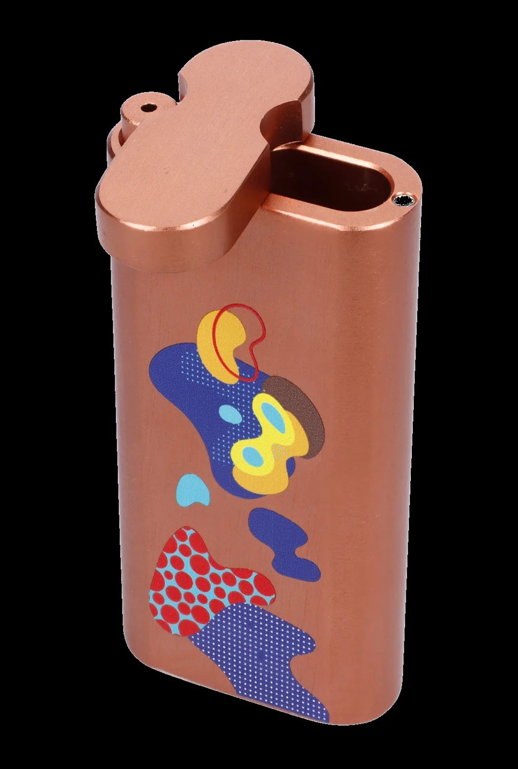 Orange one-hitter pipe with abstract colorful graphic.