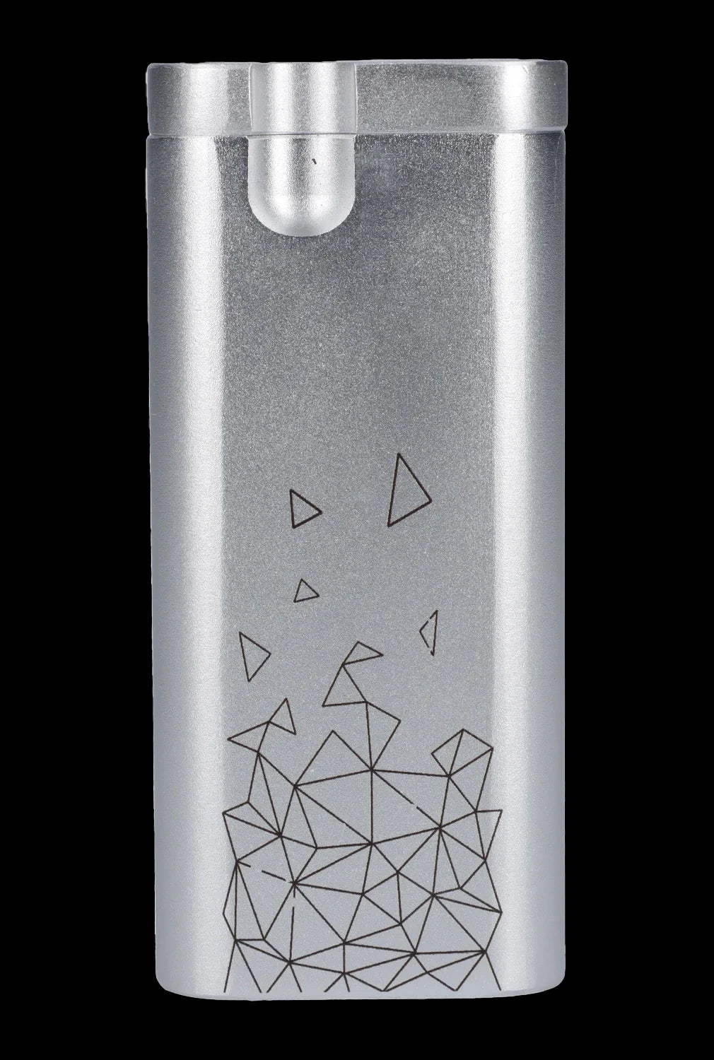 Silver cannabis storage tube with geometric diamond design.