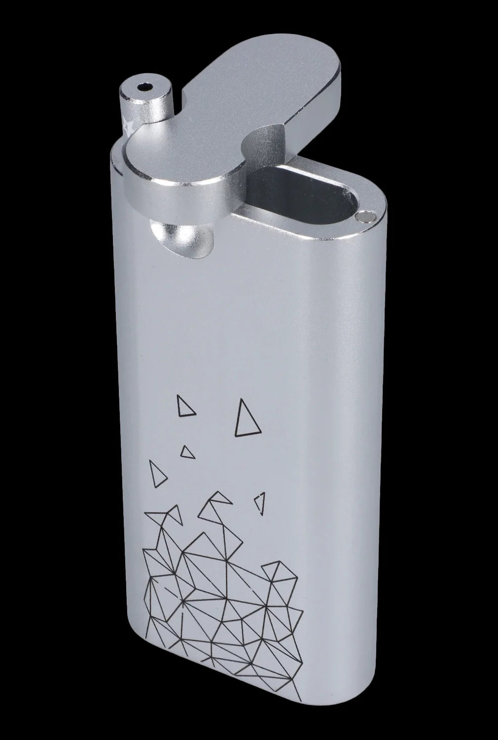 Silver butane lighter with geometric triangle design, commonly used for cannabis consumption.