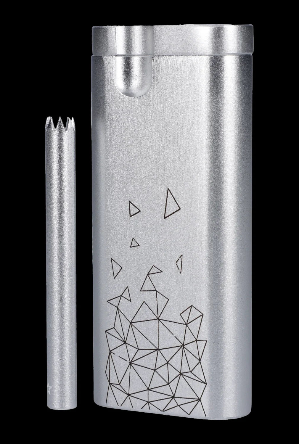 Silver cannabis one-hitter pipe and glass filter tip with geometric design.