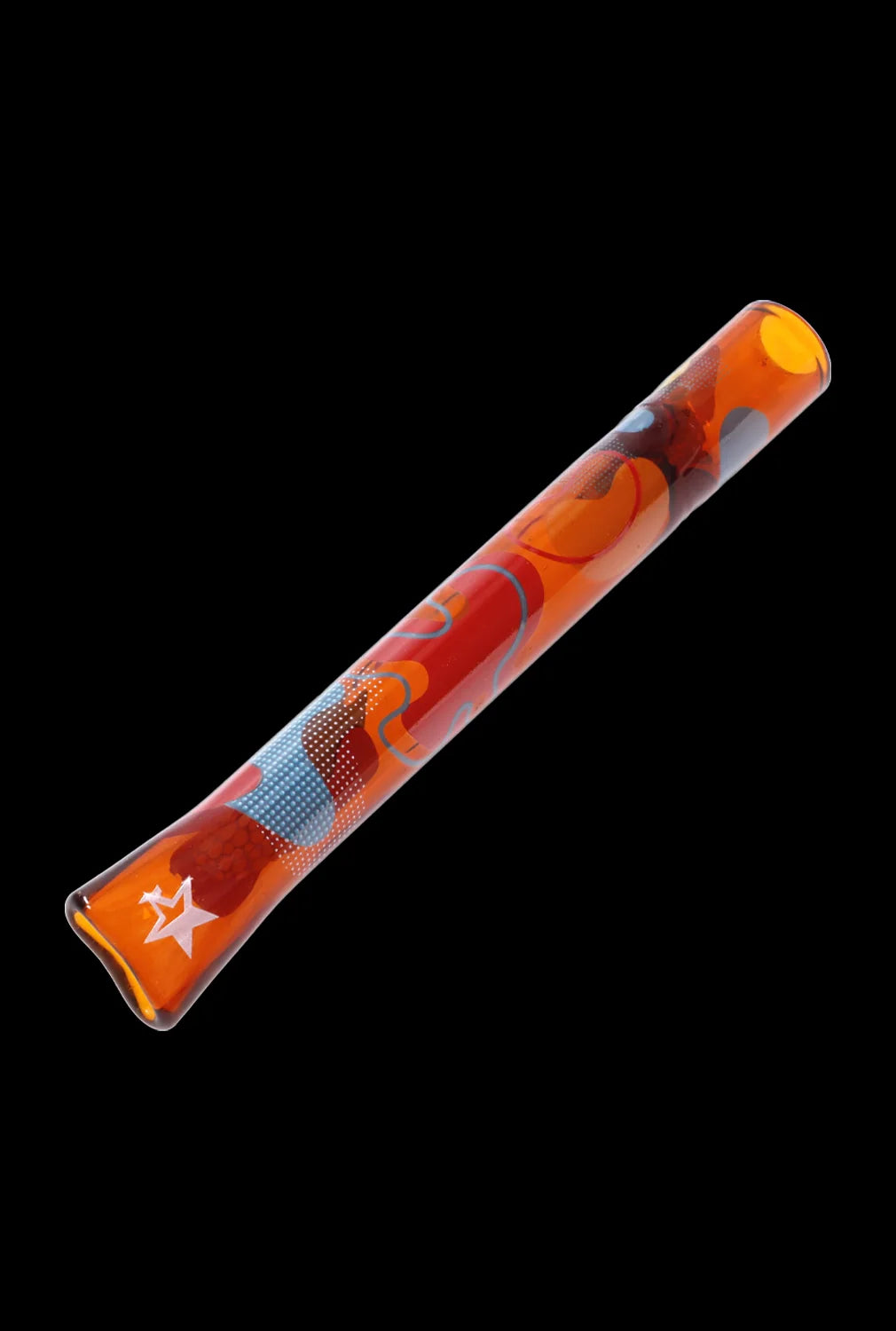 Red glass pipe with colorful floral and starburst patterns.