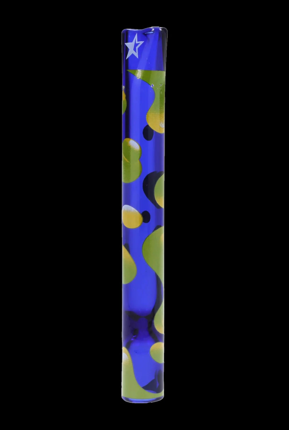 Colorful glass cannabis water pipe with abstract green and black polka dot pattern.