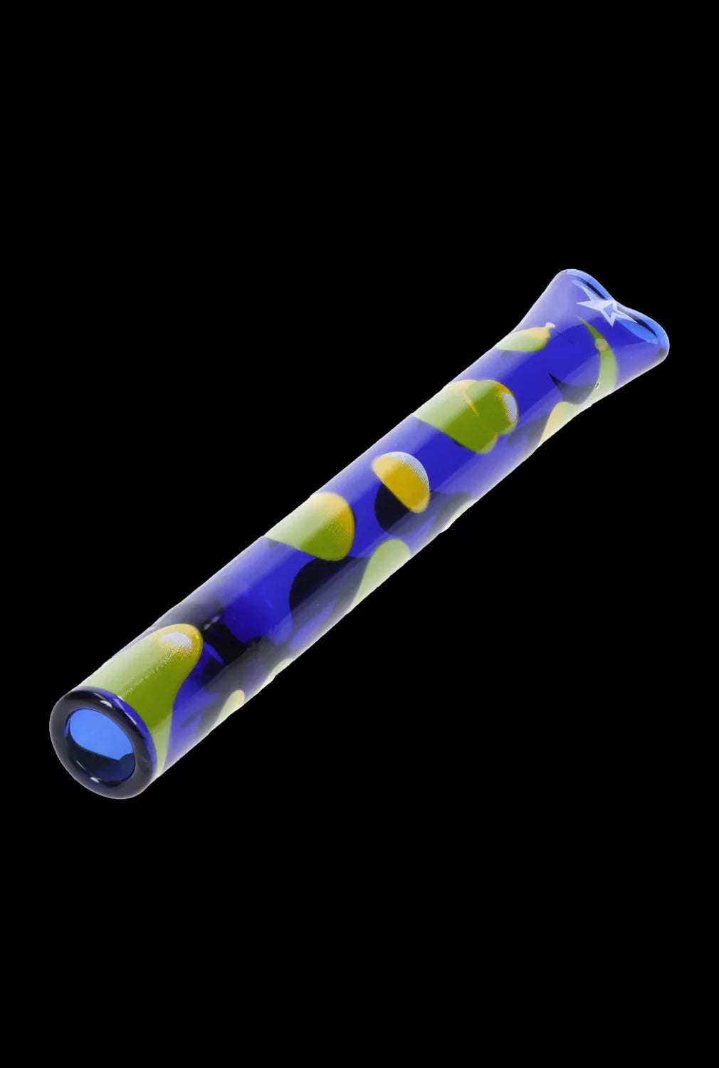 Hand-blown glass pipe with colorful speckled pattern.