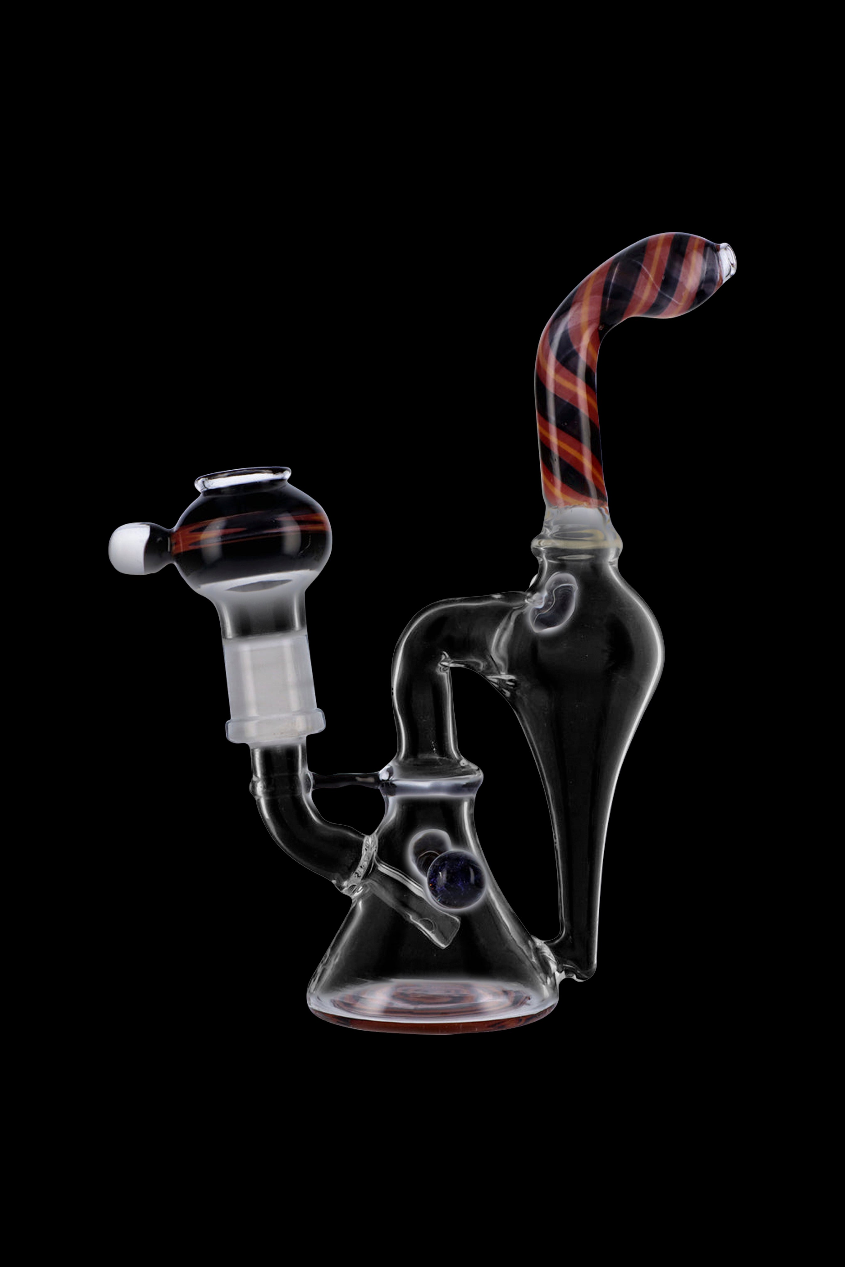 Clear glass water pipe (rig) with red and white striped accents, studio shot on black background.
