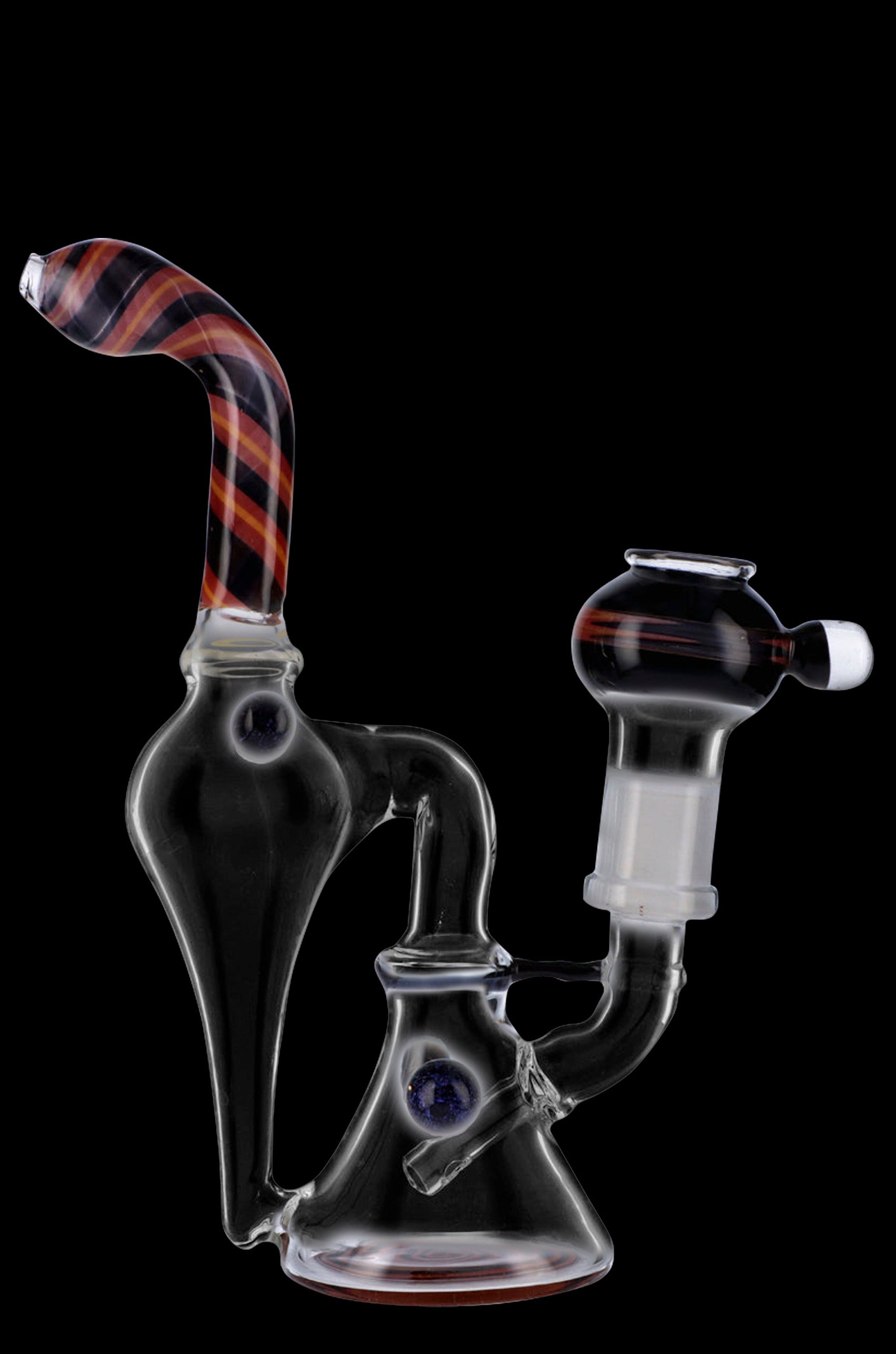 Clear glass water pipe (rig) with red and white striped mouthpiece and percolator, isolated on a black background.
