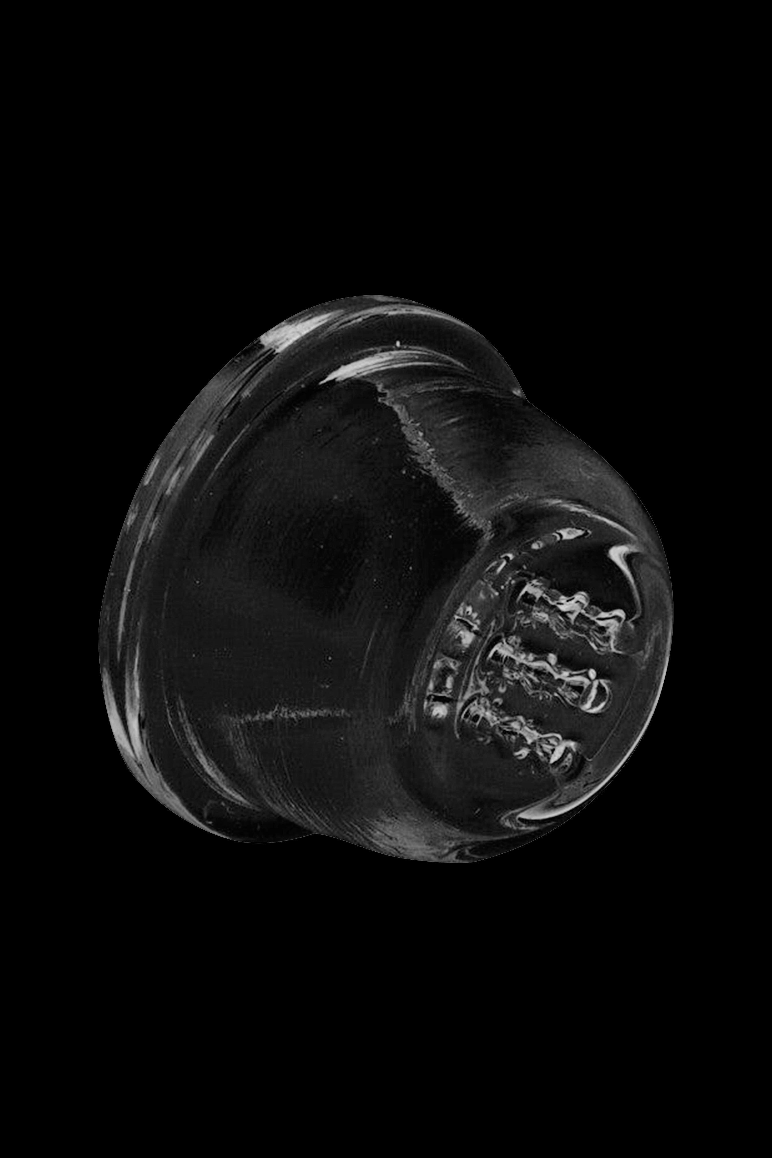 Black glass cannabis water pipe against a dark background.