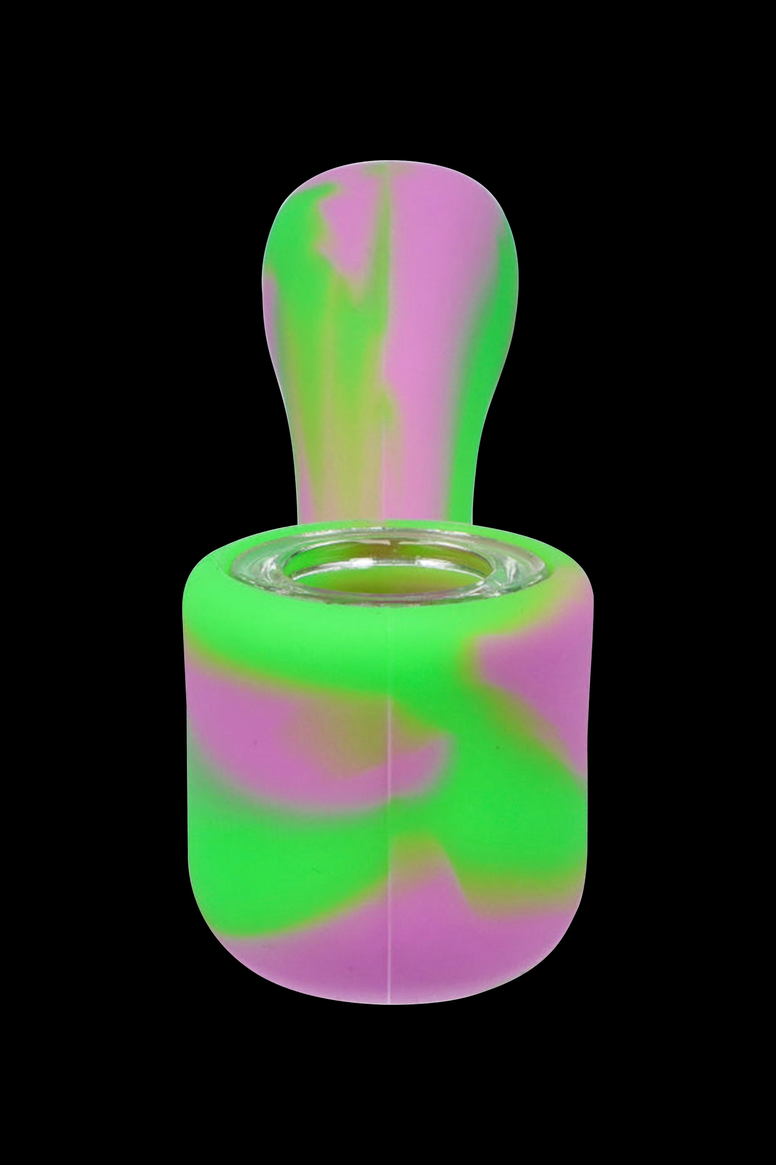 Green and pink silicone bubbler for cannabis use.