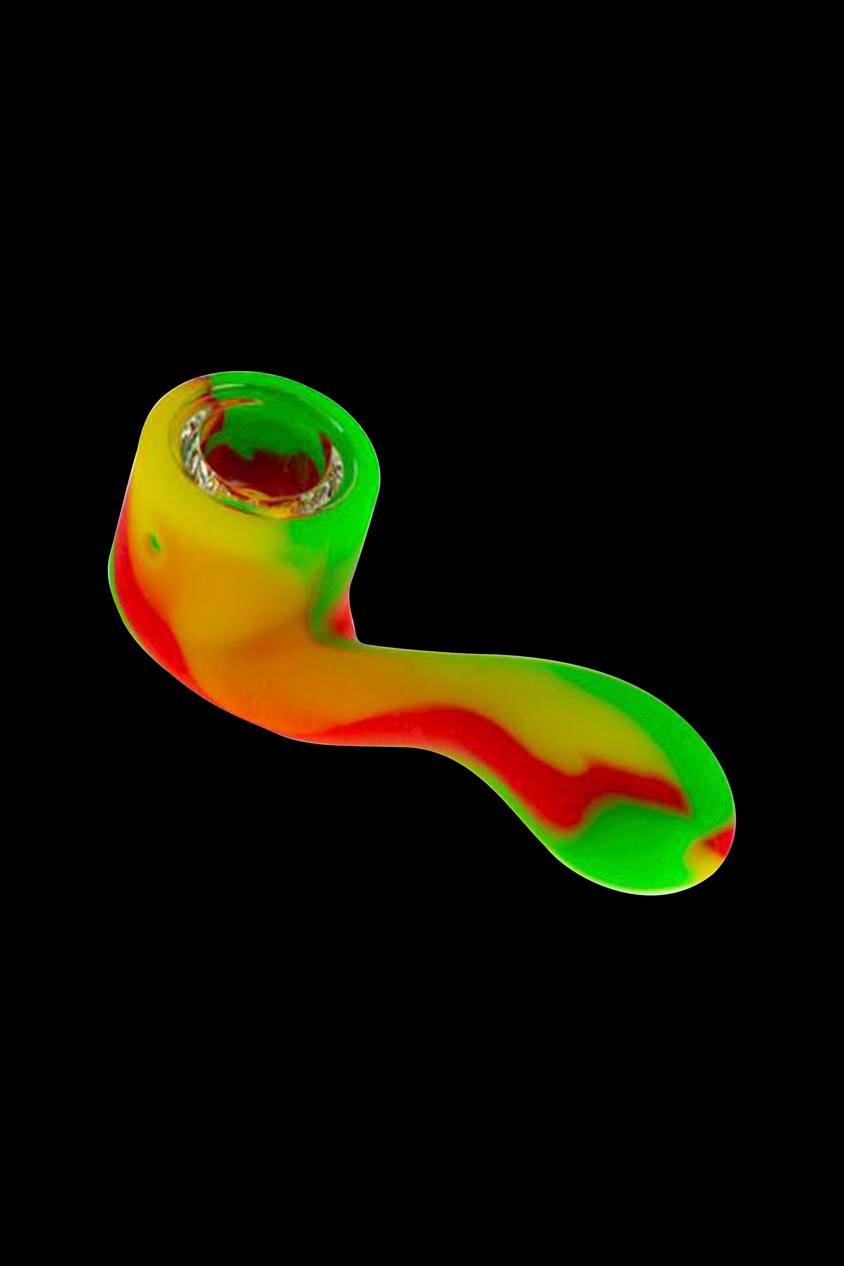 Colorful silicone smoking pipe against a black background.