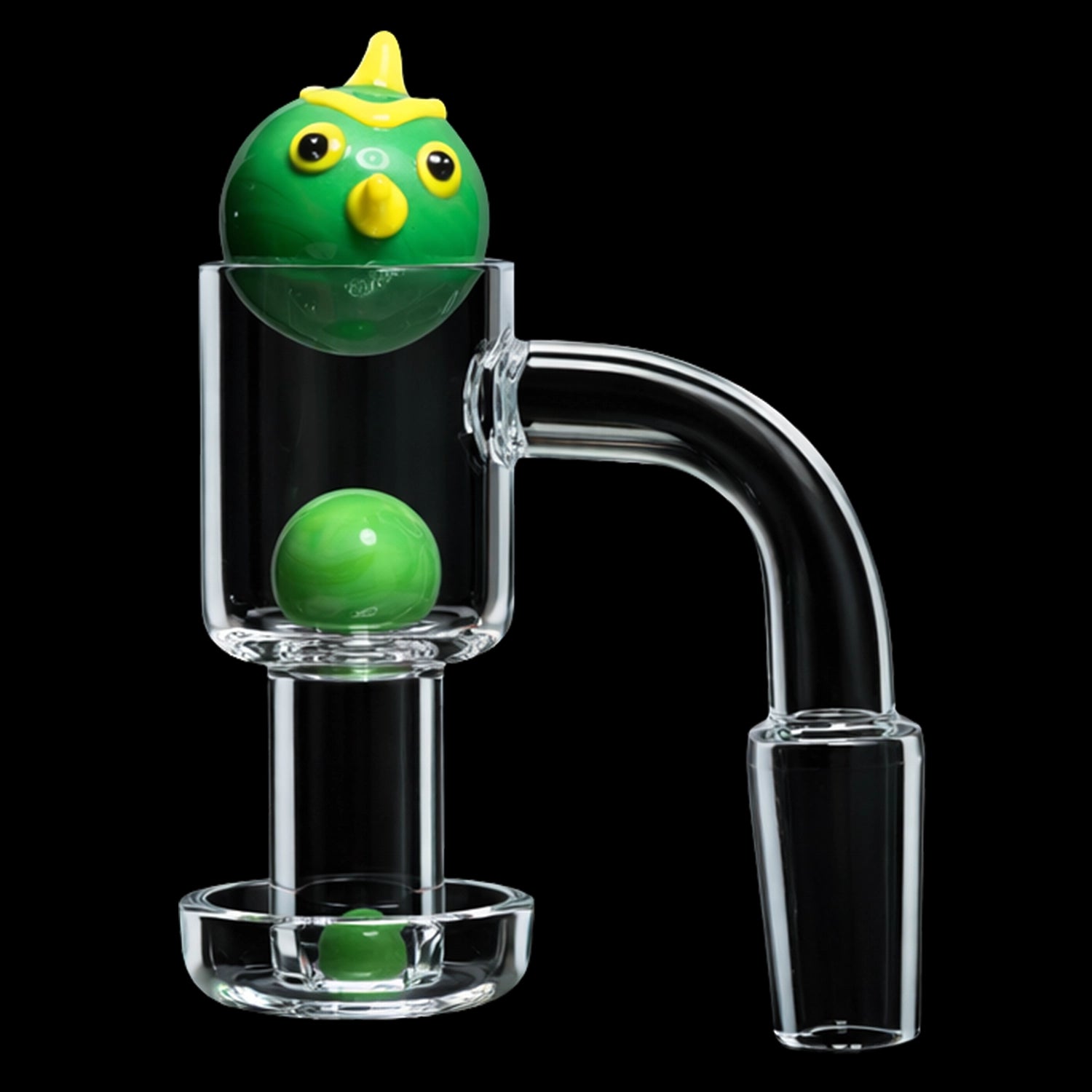 Close-up front view of the Smoke Cartel Angry Bird Terp Slurper Banger Set - 14mm showing a green bird-shaped glass top and matching green marbles inside a clear quartz banger against a black background