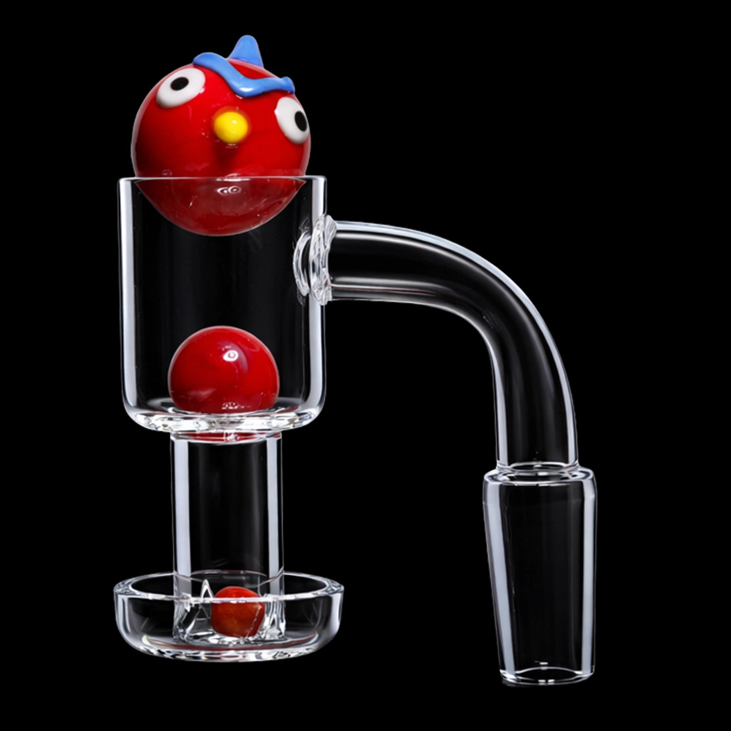 Close-up side view of the Smoke Cartel Angry Bird Terp Slurper Banger Set - 14mm showing a red bird-shaped glass carb cap perched atop the clear glass banger against a black background.