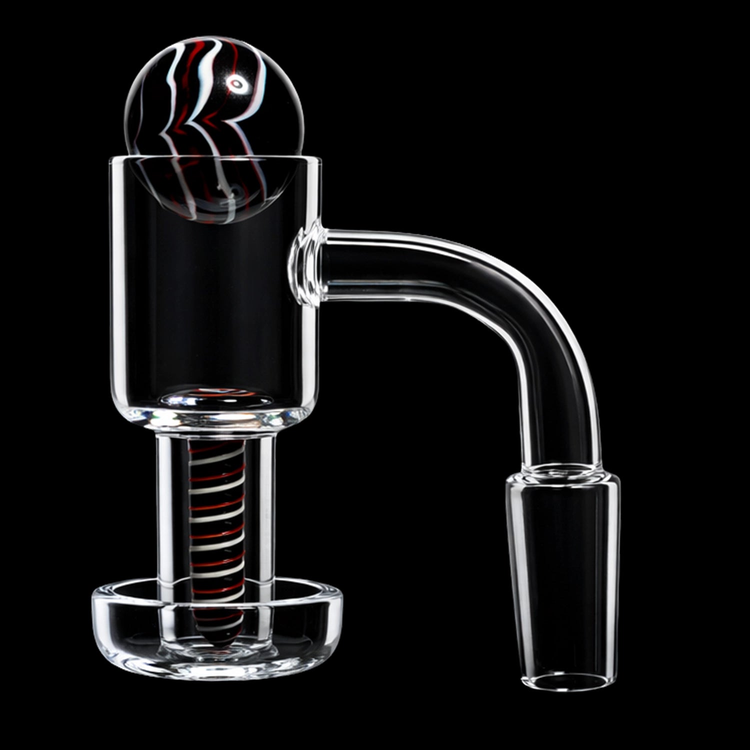 Close-up side view of the Smoke Cartel Spider Terp Slurper Banger Set - 90 degree - Male 14mm showing a clear glass chamber with a black-and-red striped marble perched on the rim against a black background