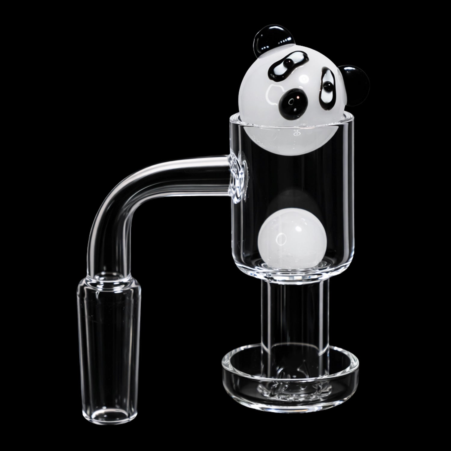 Close-up, three-quarter view of the Smoke Cartel Bear Terp Slurper Banger Set - 14mm showing a white panda-themed terp slurper cap perched atop the clear glass banger against a black background.