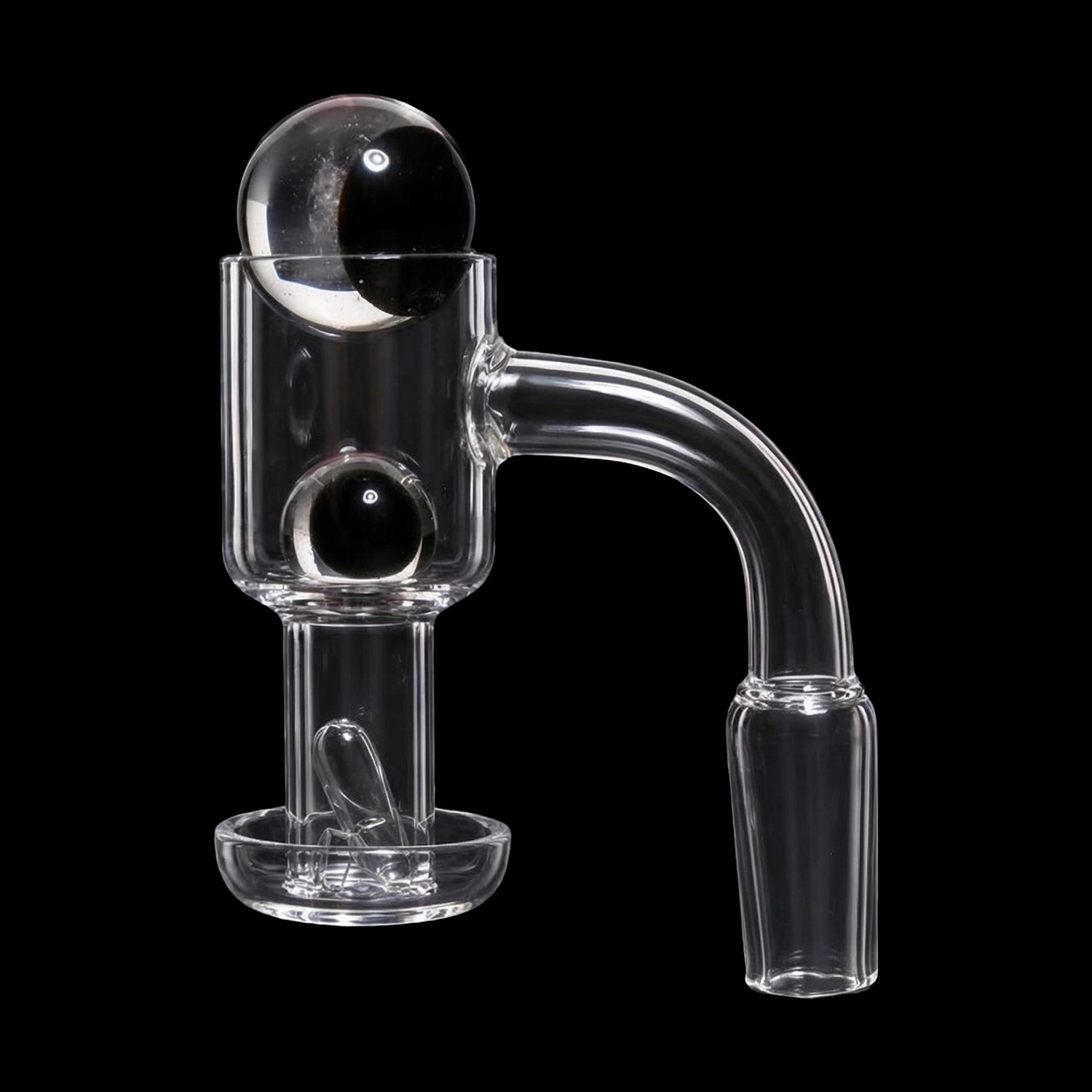 Close-up on the Smoke Cartel Ying Yang Banger Set with Terp Beads - 90 degree - Male 14mm showing two glossy black-and-clear terp beads inside a clear glass banger against a black background