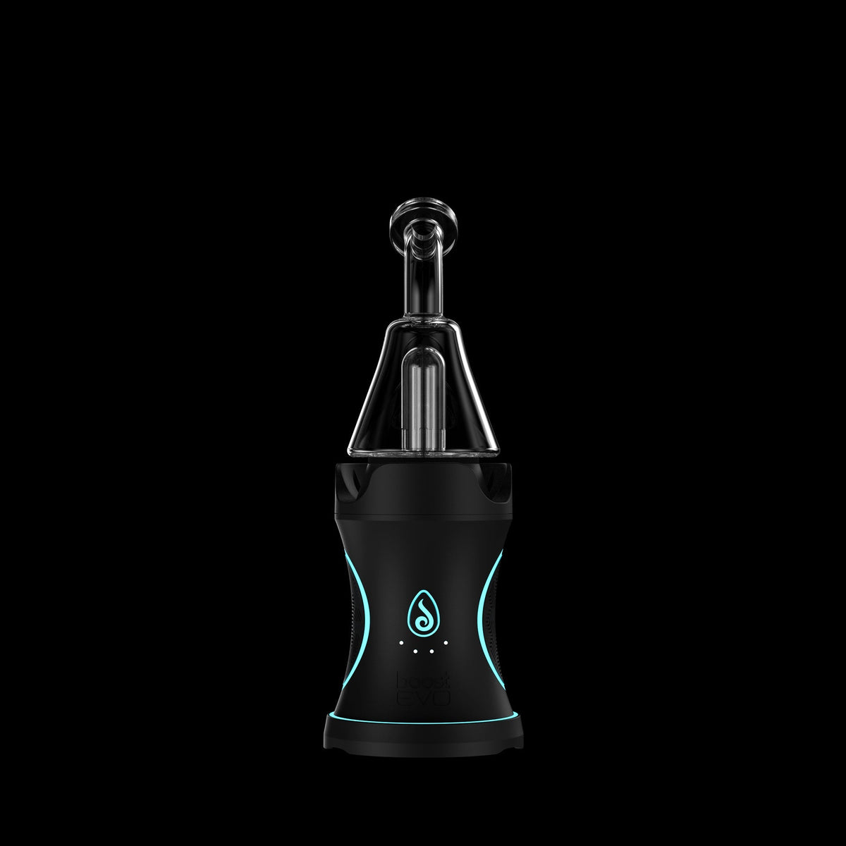 Centered close-up of the glass mouthpiece and illuminated black body of the Dr. Dabber Boost Evo™ against a black background.