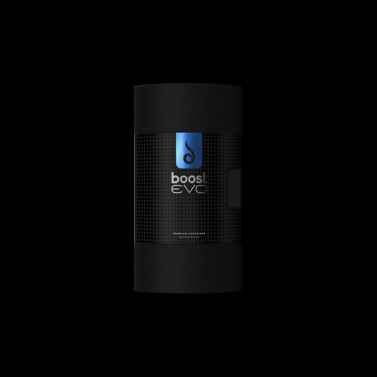 Top-closeup view of the black Dr. Dabber Boost Evo™ cylinder showing a dotted texture and a blue logo strip.