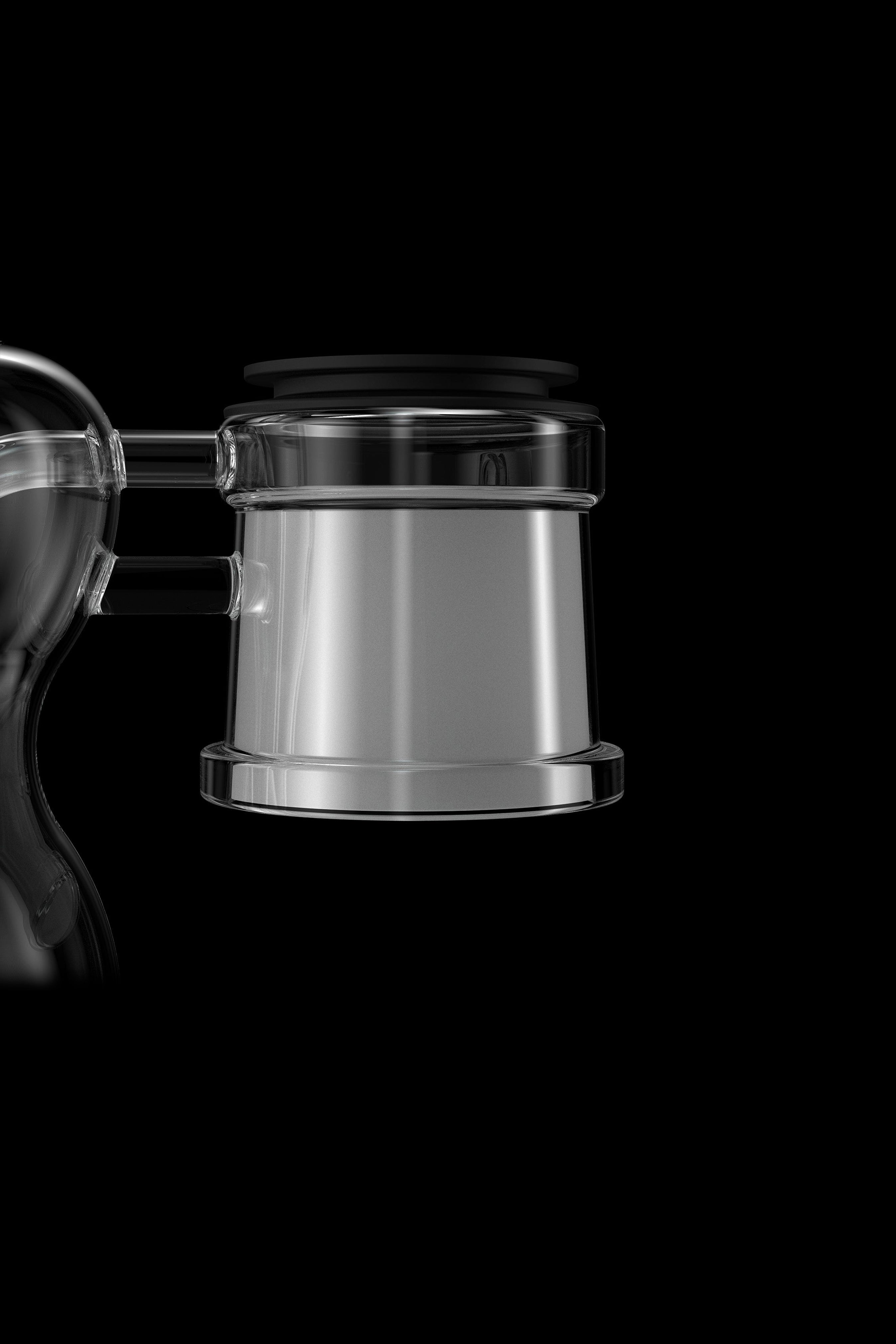 Clear glass cannabis bubbler with black accents, isolated on a black background.