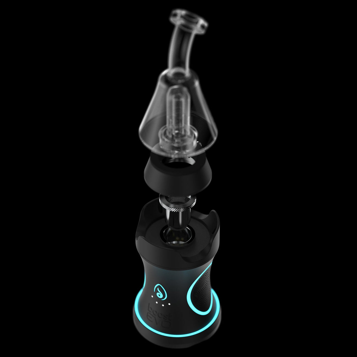 Top-down view of the glass mouthpiece and illuminated black base of the Dr. Dabber Boost Evo™ against a black background