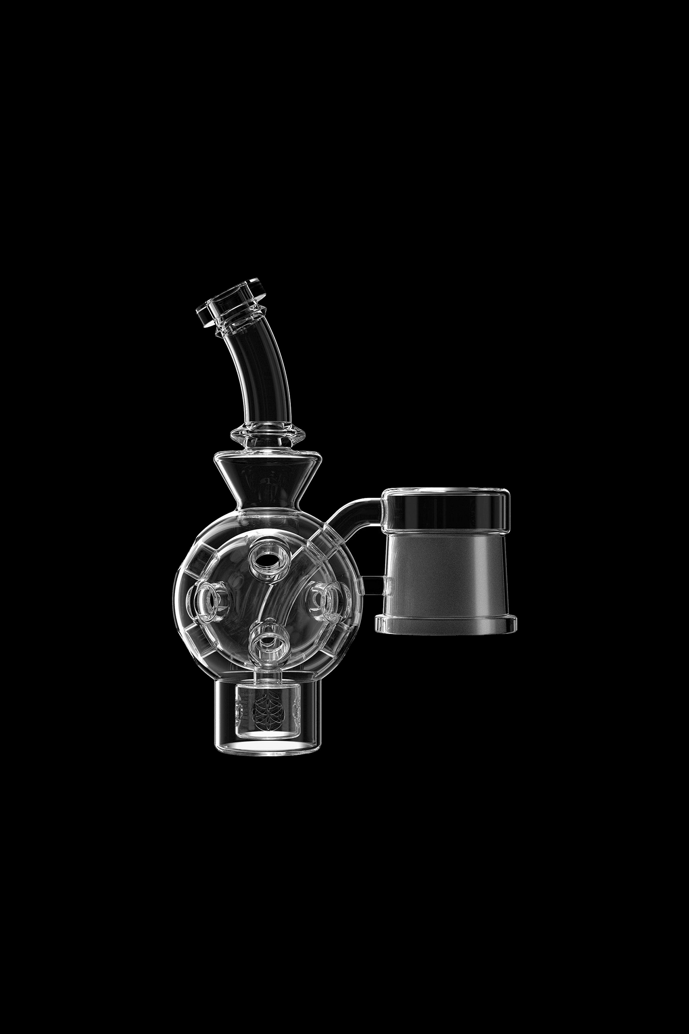 Clear glass rig with spherical bubbler and detachable mouthpiece, isolated on black.