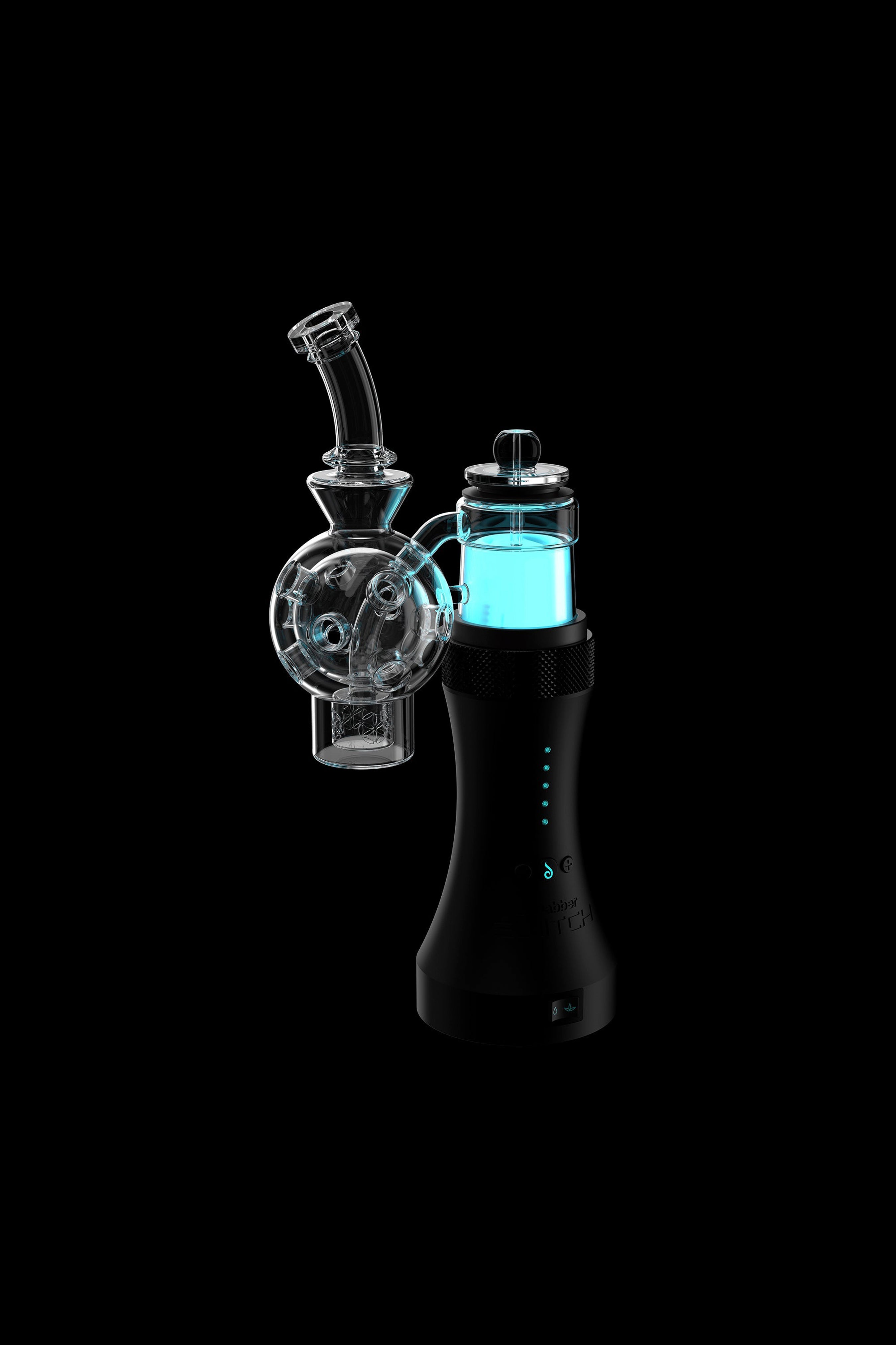 Black cannabis e-rig with glass water pipe attachment, illuminated with blue light.