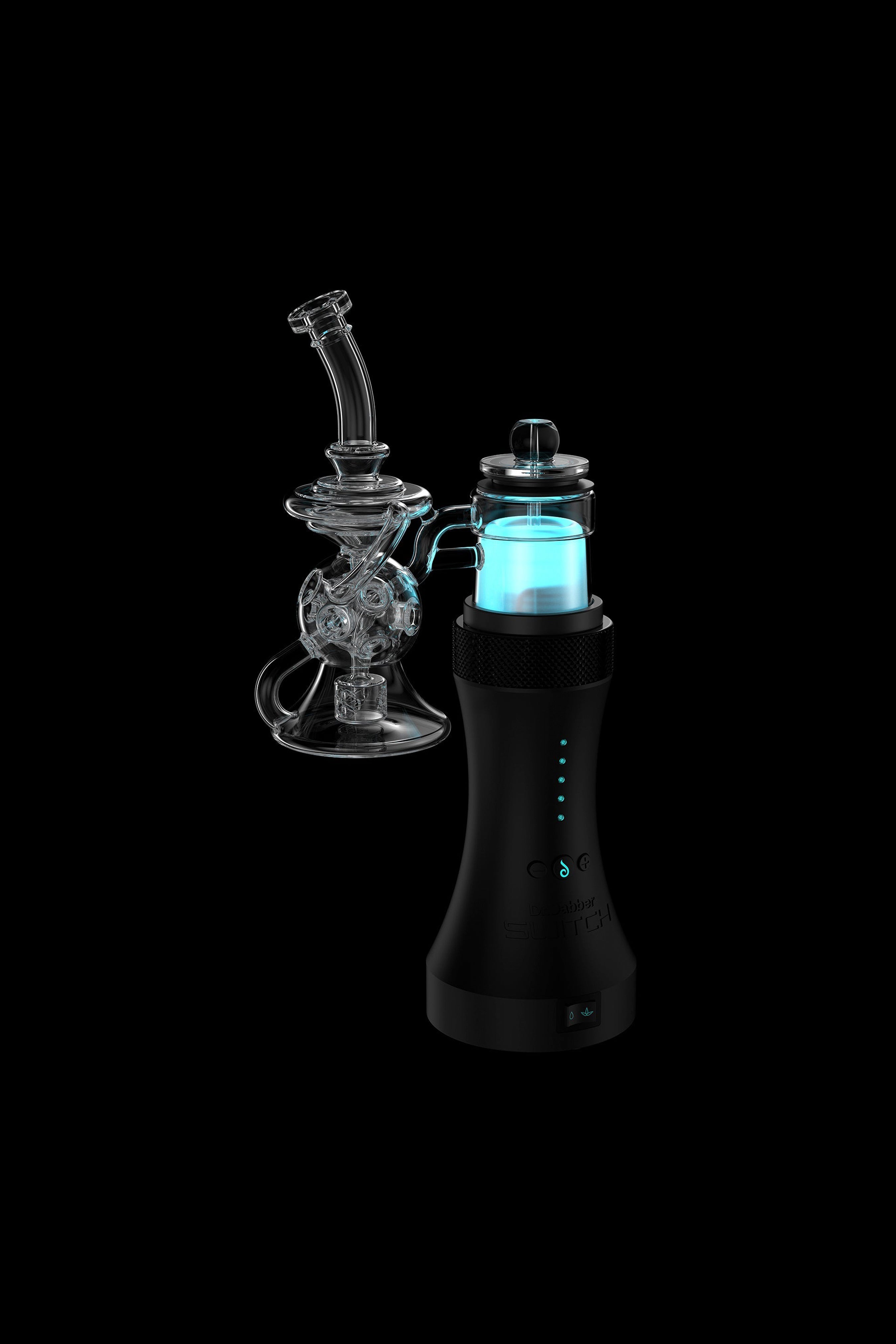 Black electronic dab rig with glass water pipe components disassembled and floating around it, illuminated with blue light.
