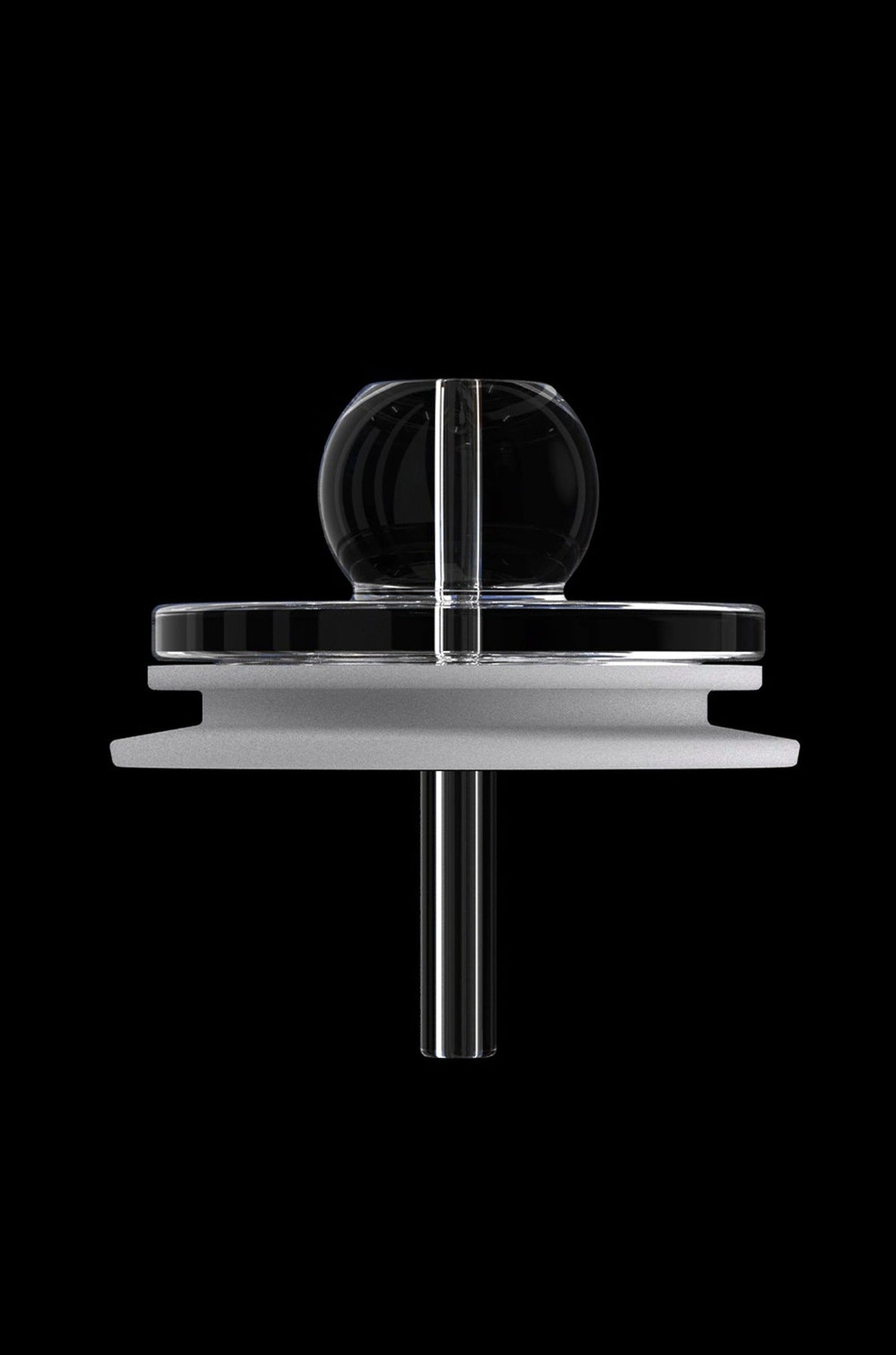 Clear quartz cannabis dab rig nail with black accents, isolated on a black background.