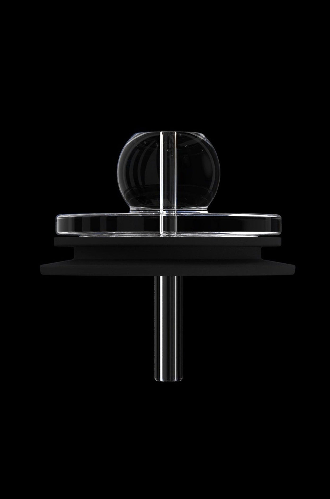 Clear quartz dab rig nail with black accents, studio shot on black background.