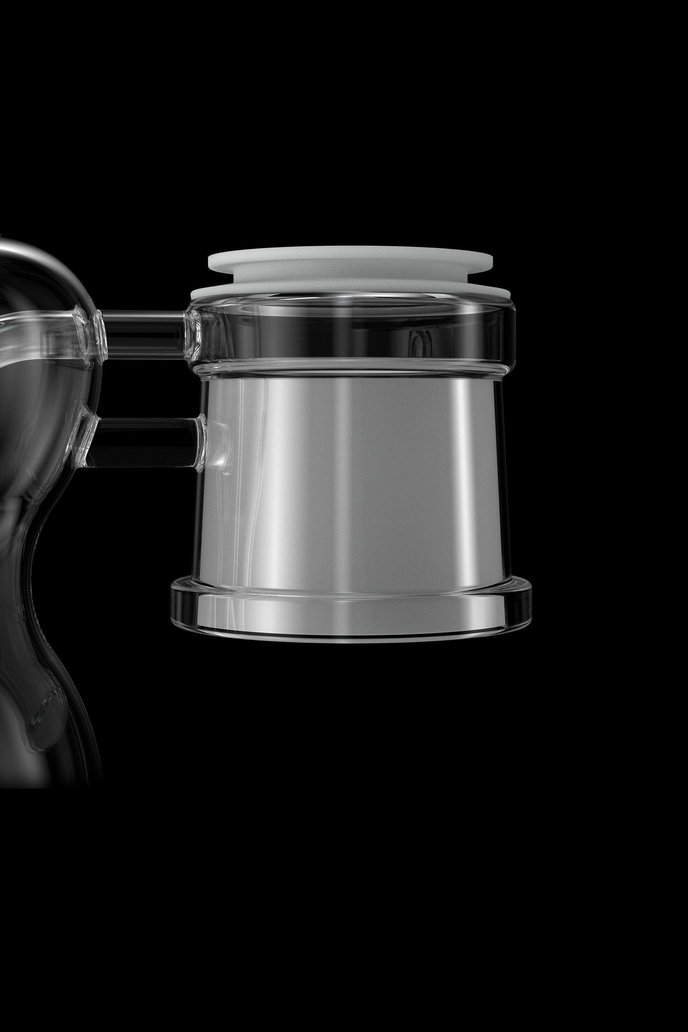 Clear glass cannabis water pipe bubbler with a frosted rim, isolated on a black background.