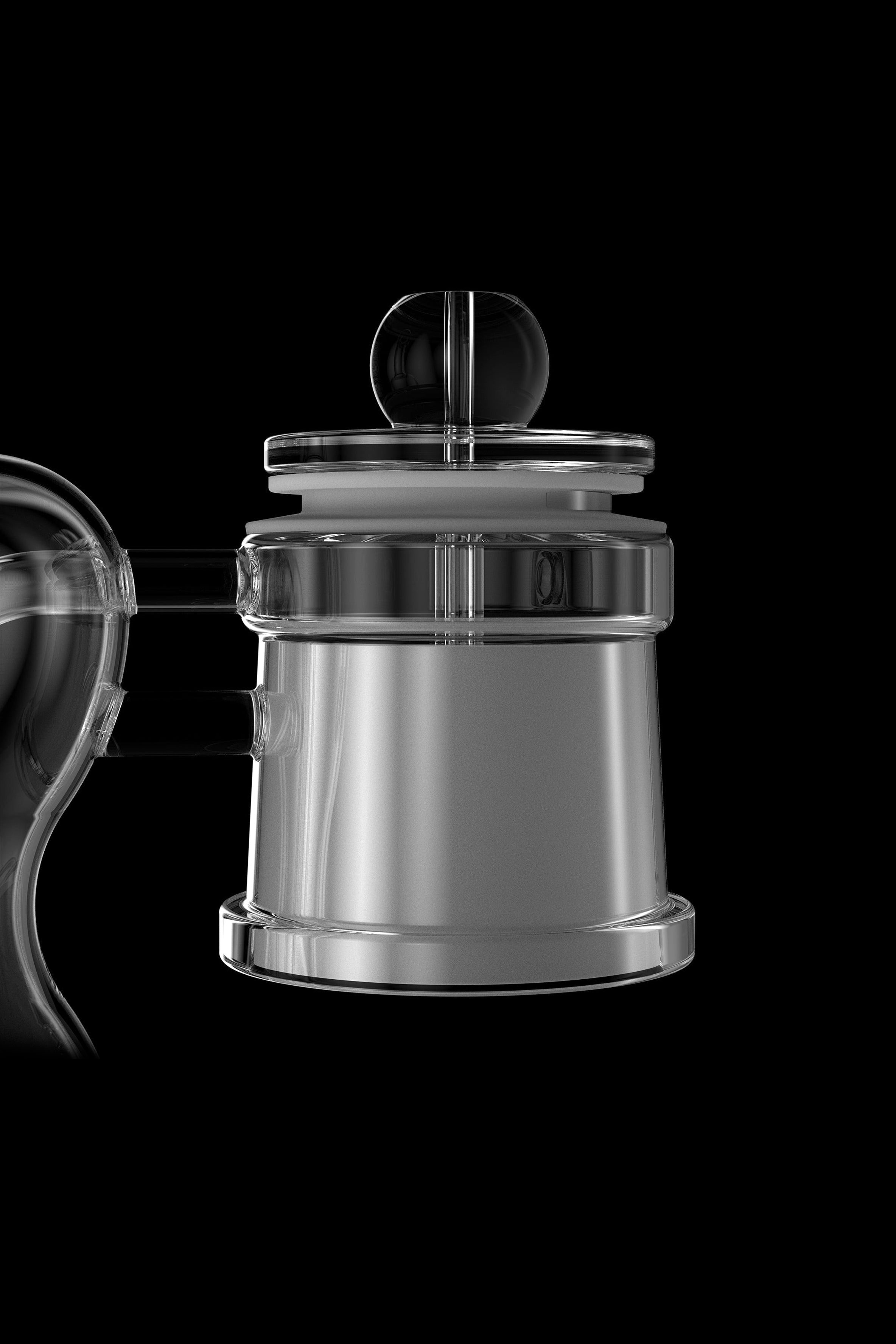 Sleek, transparent cannabis oil rig component with a cylindrical body and detachable cap, against a black background.