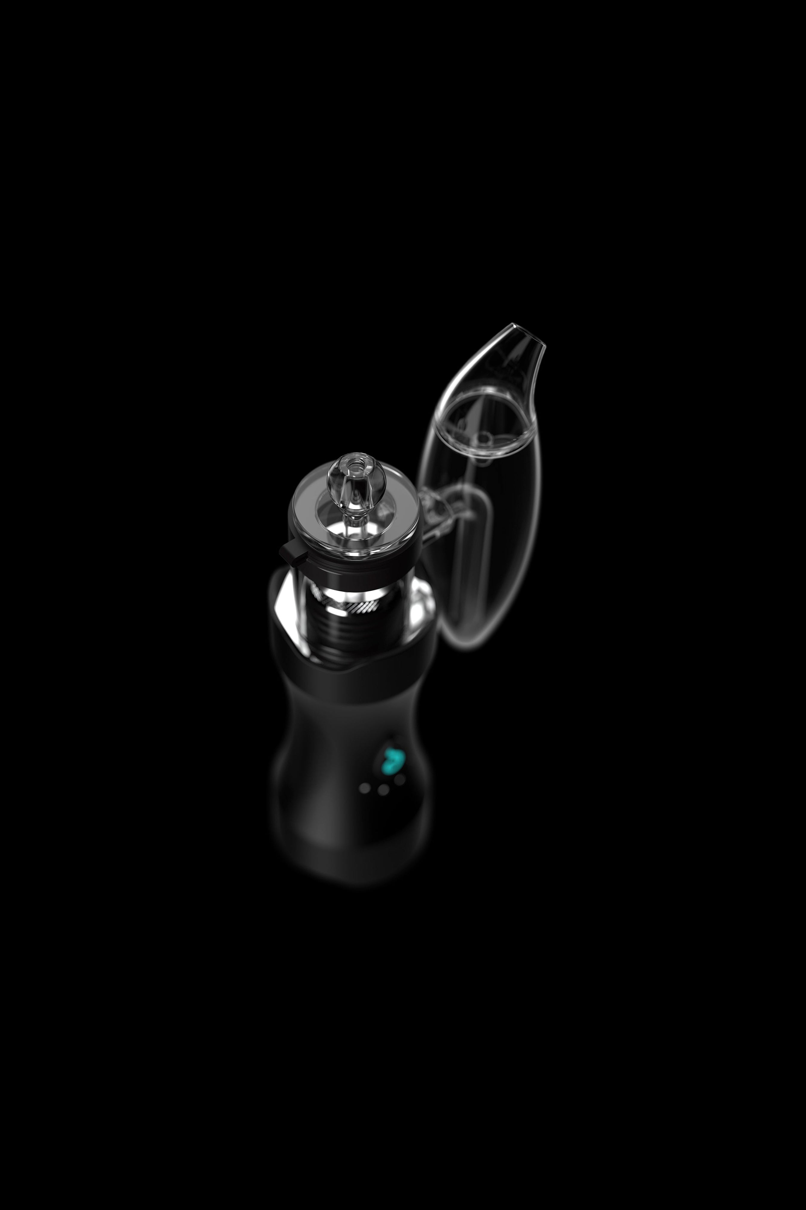 Black cannabis dab rig with a glass bubbler attachment, illuminated with a blue light.