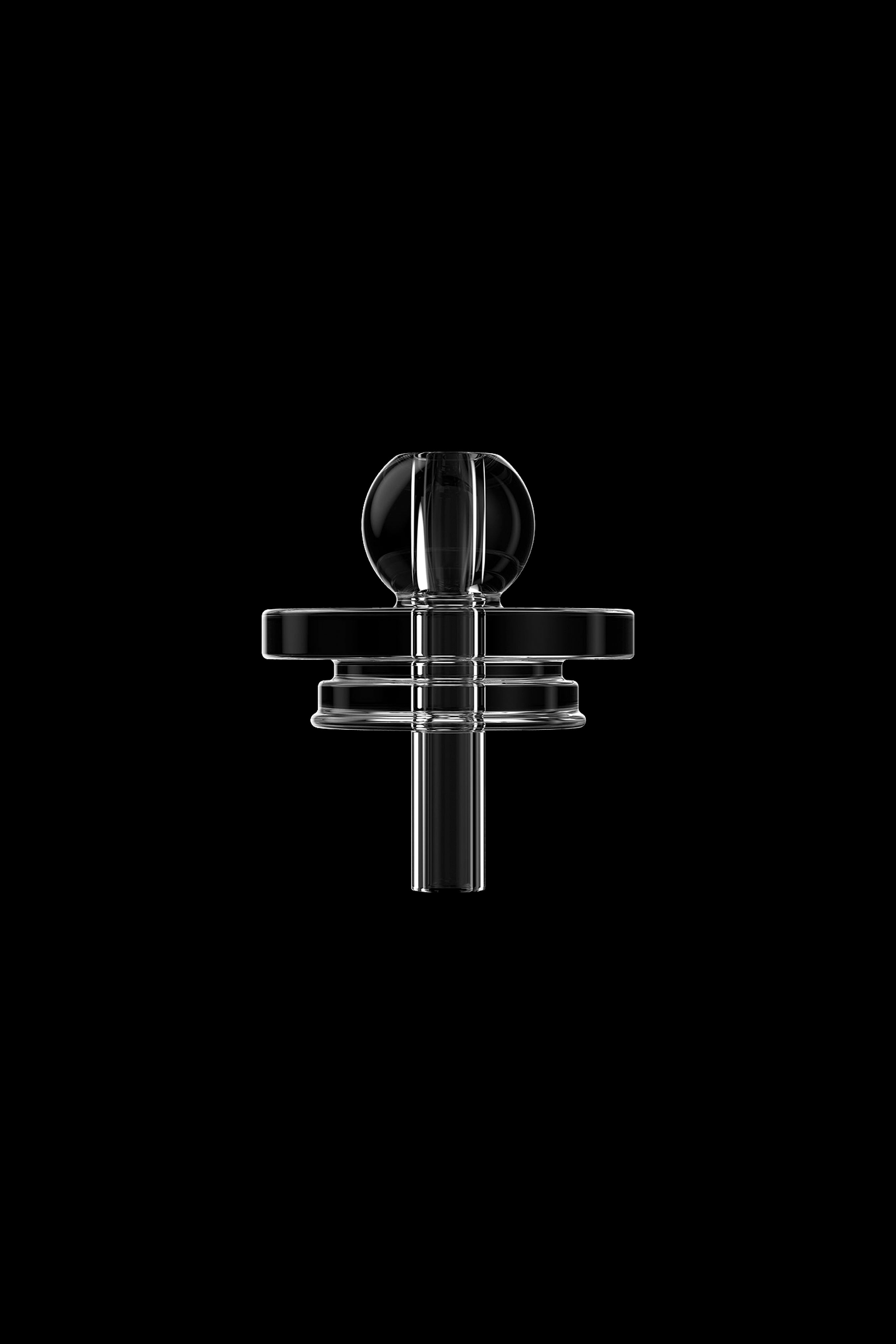 Clear glass dab rig with spherical chamber and tiered perc diffusion on black background.