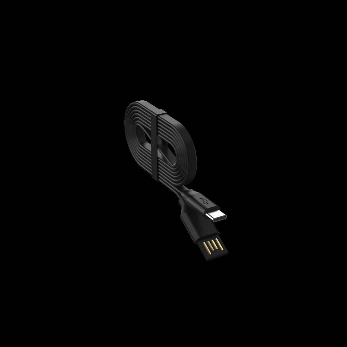 Close-up angled view of a coiled black cable against a black background showing the USB-C and flat USB ends of the Dr. Dabber Boost Evo™.