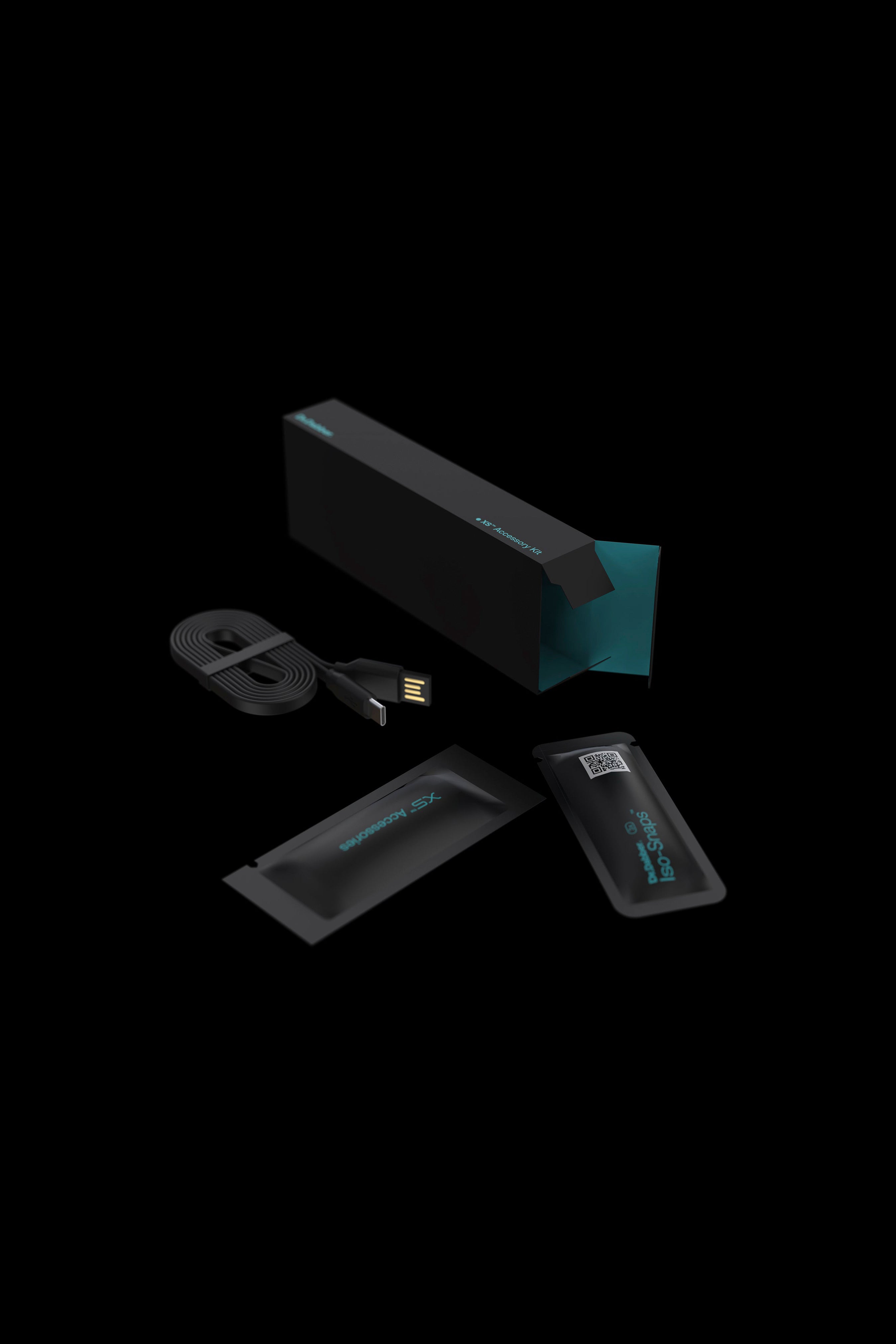 Sleek, black cannabis vaporizer pen and charging case with USB-C cable, displayed on a dark background.