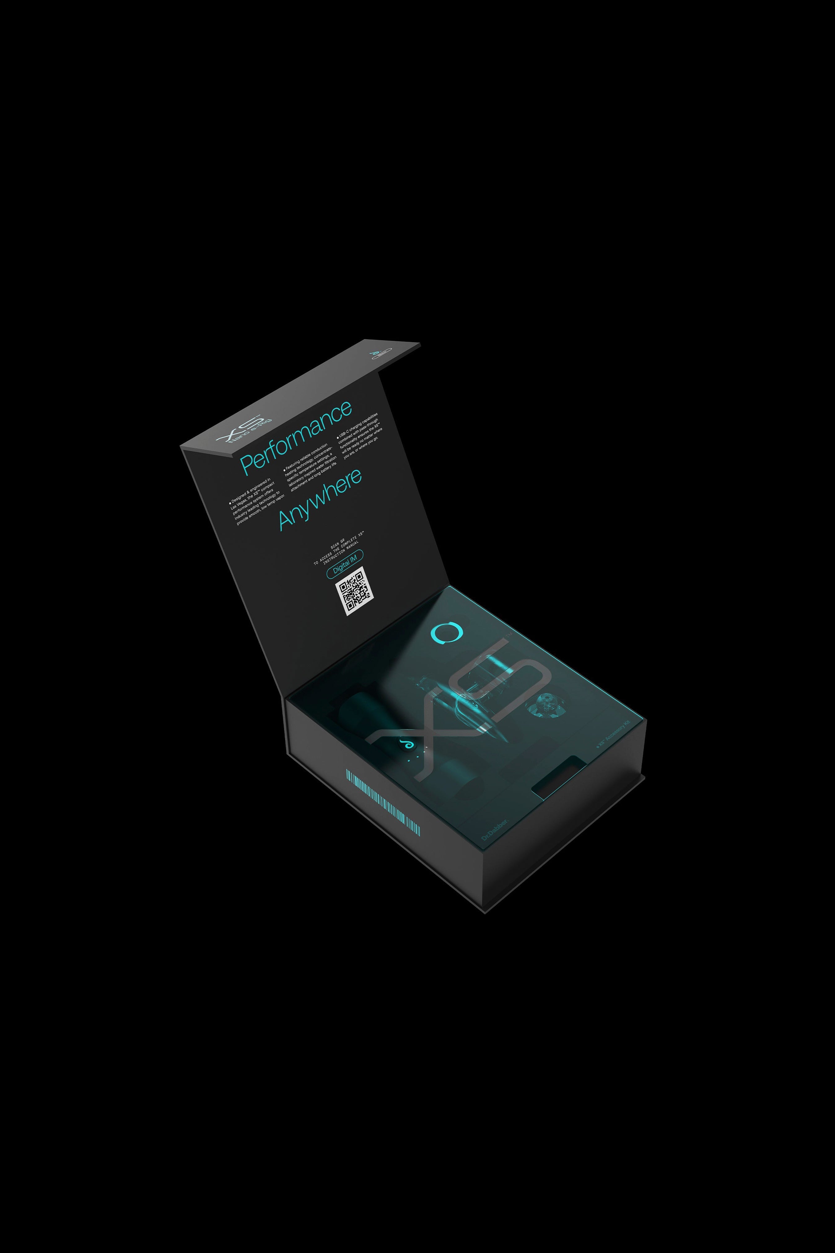 Open black box containing a cannabis vaporizer and accessories, labeled "Performance Anywhere" with a QR code.