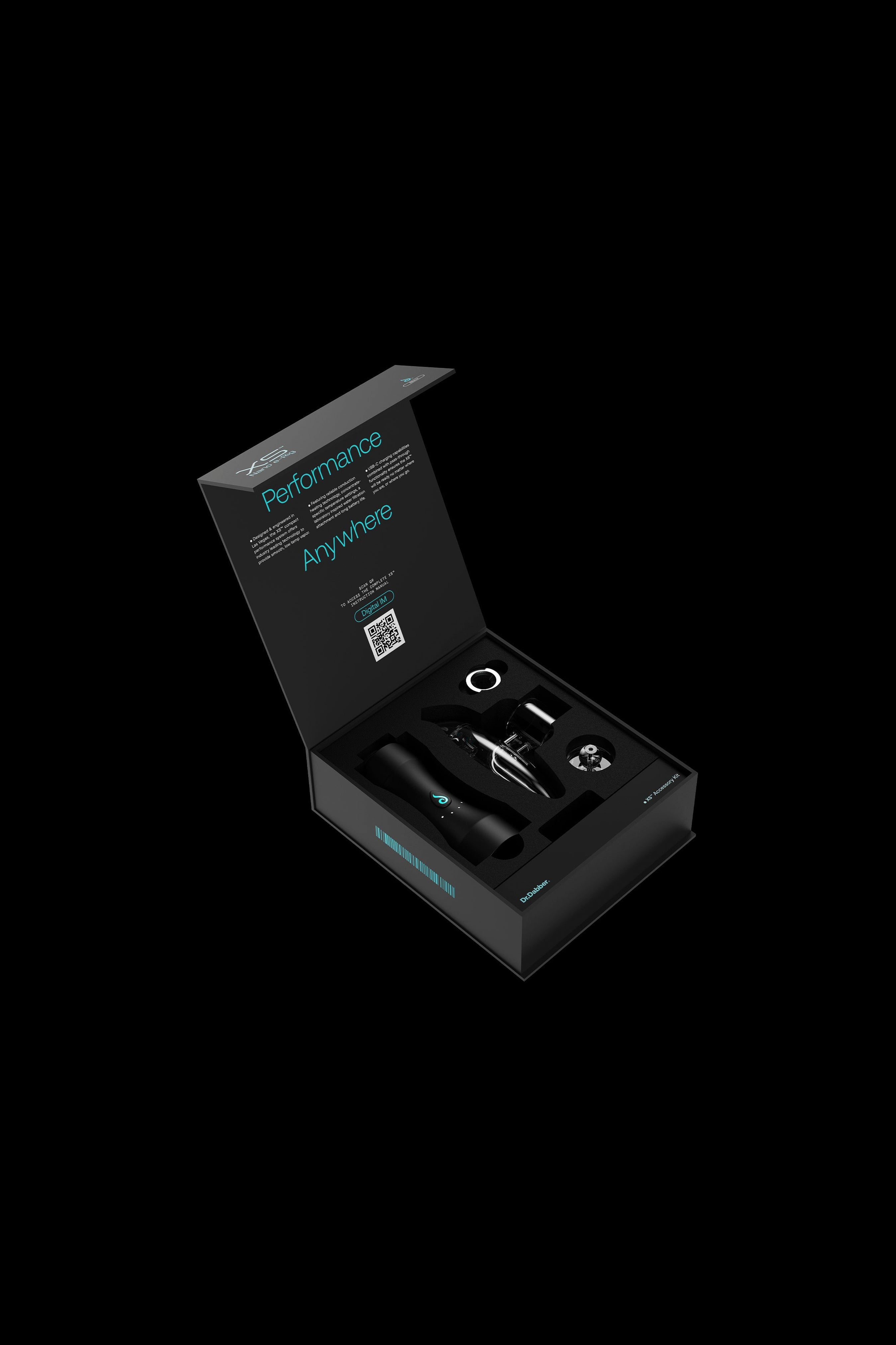 Open black box containing a portable cannabis vaporizer and accessories, with "Performance Anywhere" text on the inside lid.