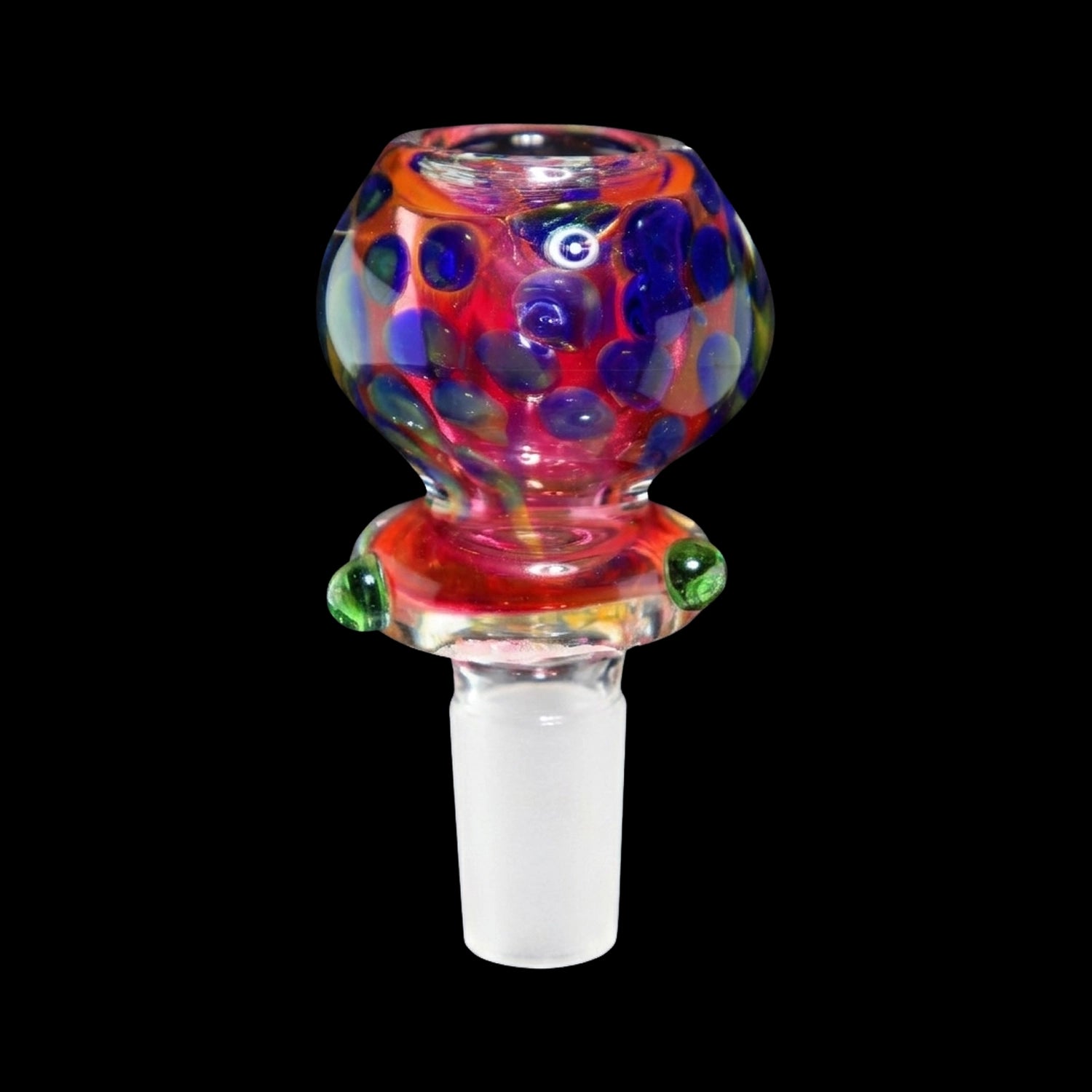 Close-up front view of the Smoke Cartel Twisted Multicolor Ring Bowl - 14mm showing a rounded, multicolored glass head with blue dot accents and green side nubs against a black background