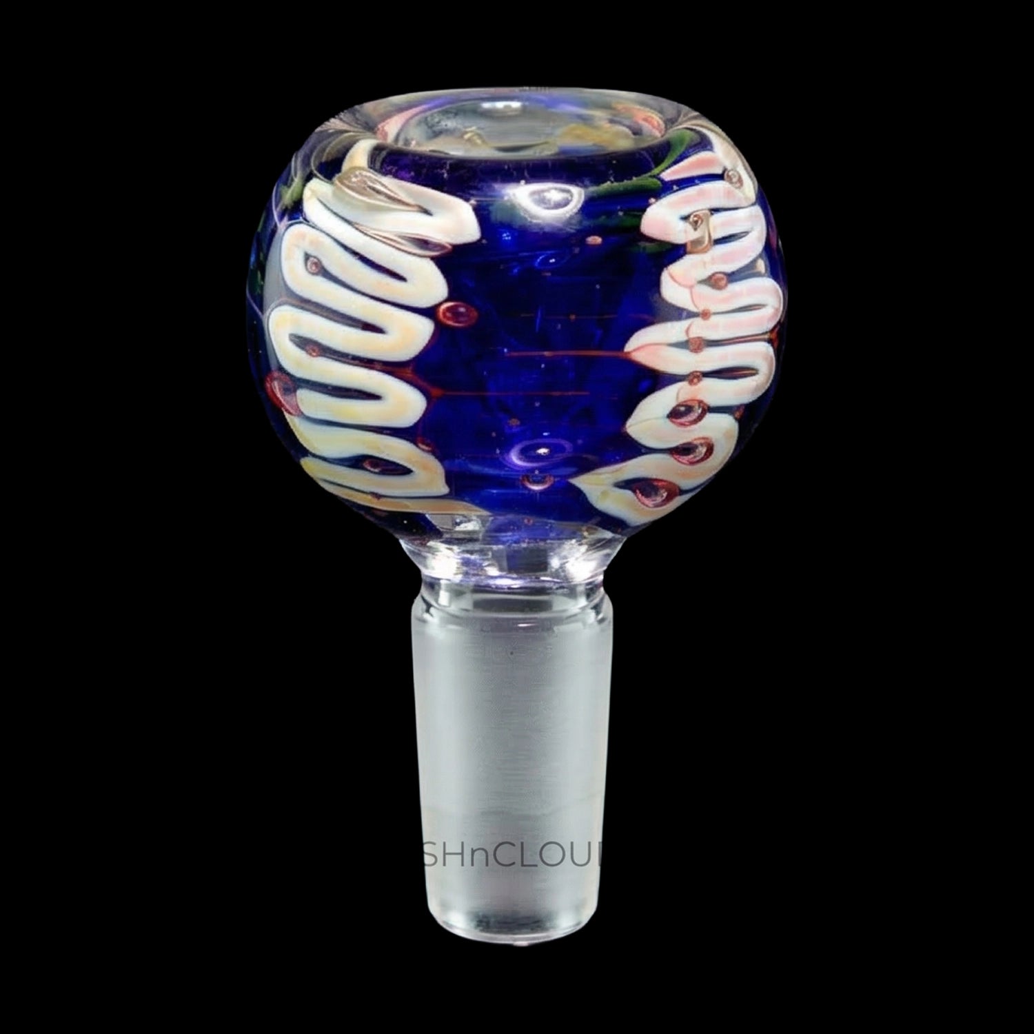 Close-up front view of the Smoke Cartel Plaited Glass Bowl - 14mm showing a deep blue rounded head with white plaited ribbon accents against a black background