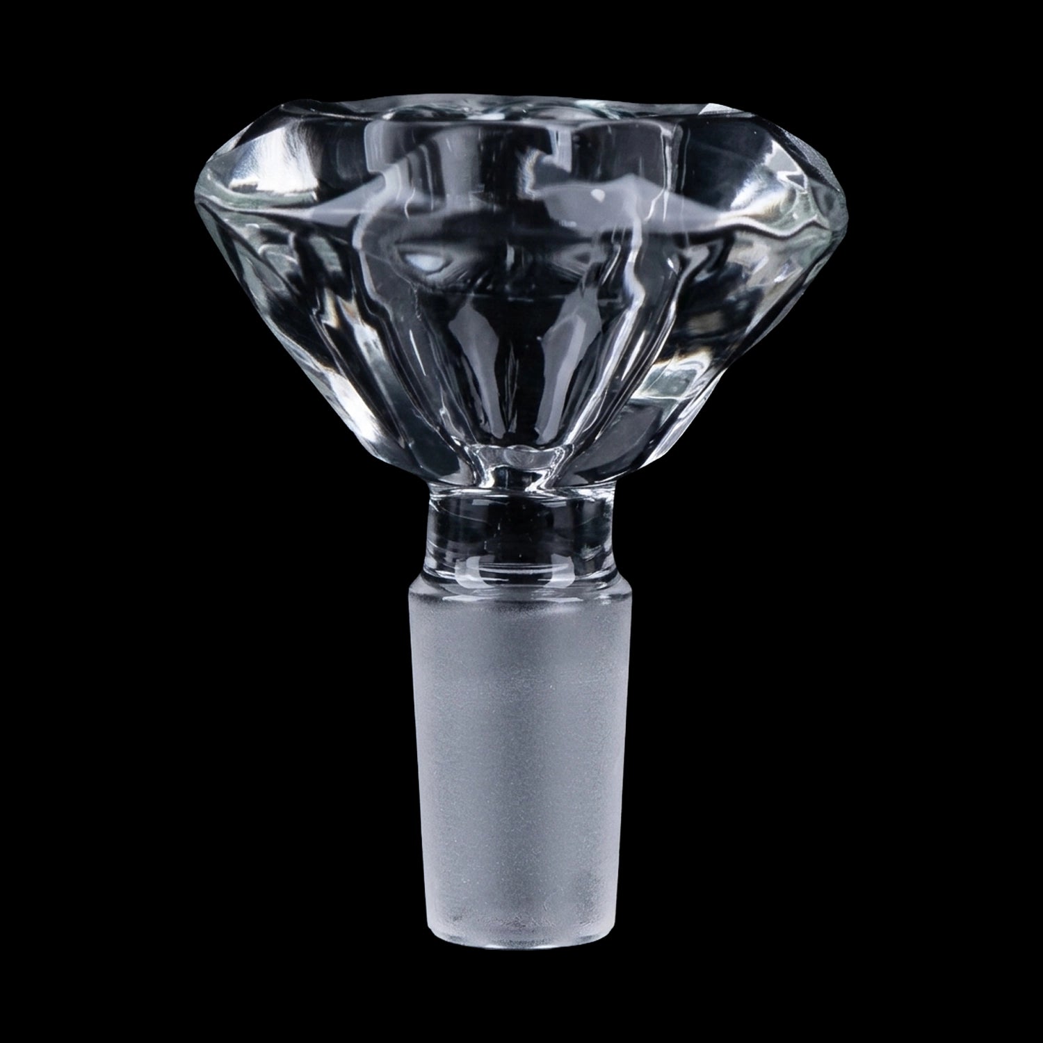 Close-up front view of the Smoke Cartel Deluxe Diamond Bowl - 14mm showing a faceted clear glass bowl and frosted 14mm joint against a black background