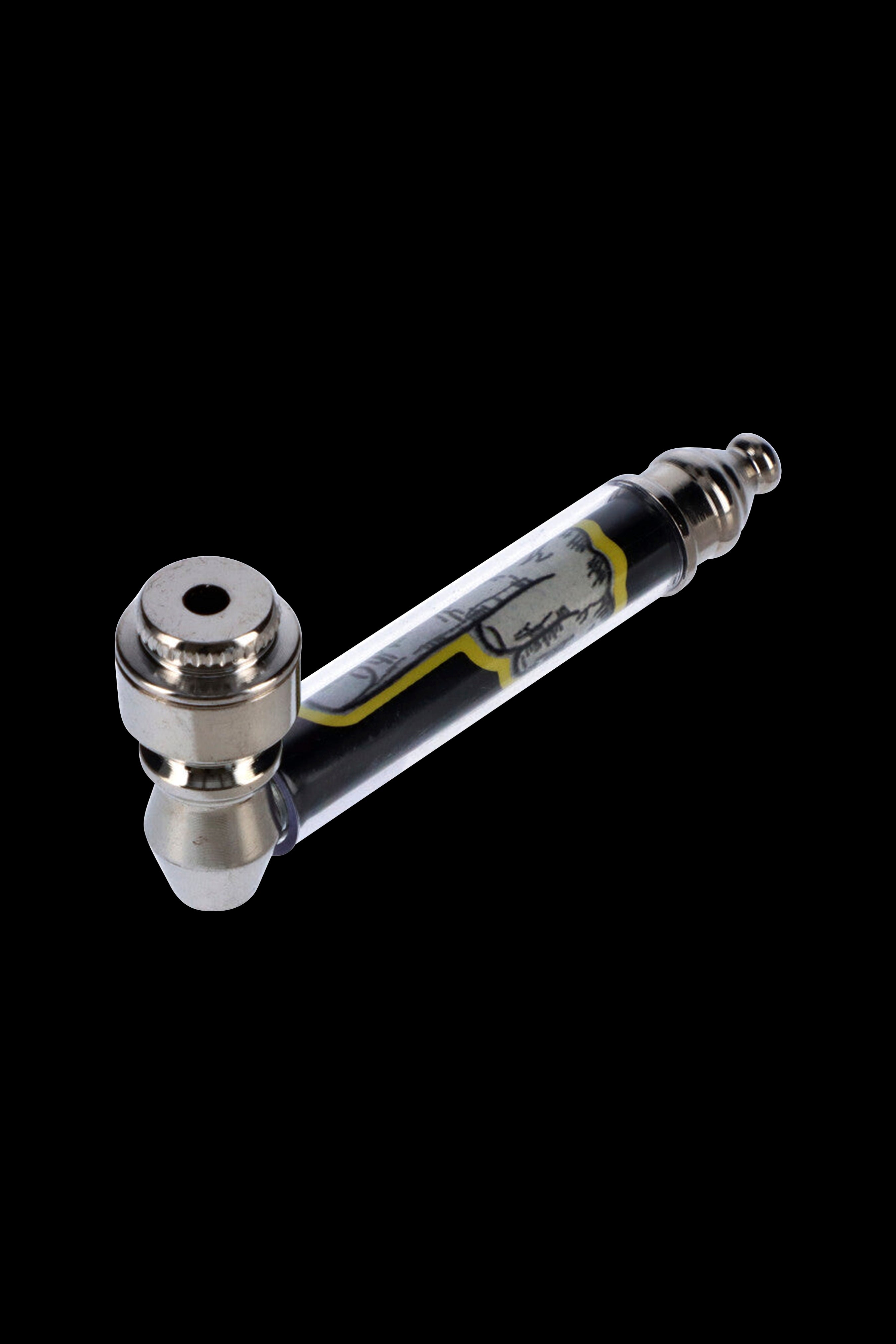 Glass pipe with Egyptian-themed design, isolated on black."