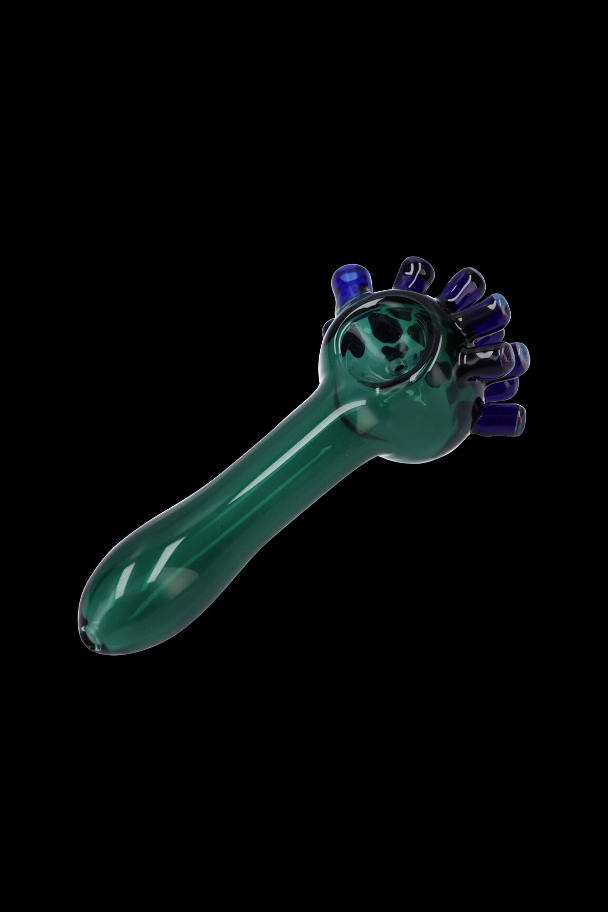 Green glass pipe with blue accents, studio shot.