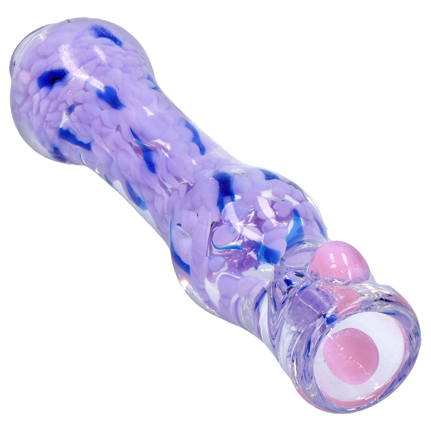 Angled close-up of the Smoke Cartel Frit Cone One Hitter - 3 in., showing its purple and blue frit pattern under glossy clear glass with a pink-tipped mouthpiece